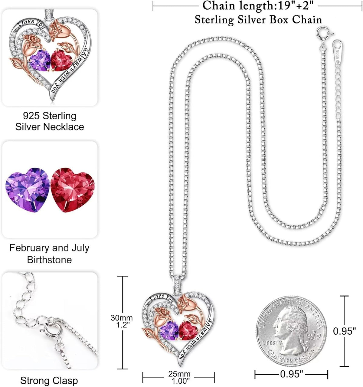 Iefil Birthstone Necklace for Women - Rose Heart Necklace