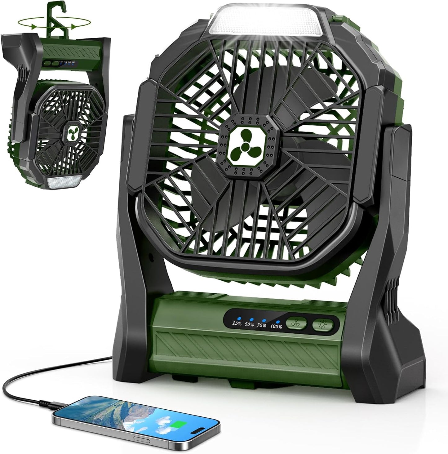 Portable Rechargeable Fan, 20000mAh Cordless Battery Powered Camping Tent Fans with LED Lantern, Small USB C Operated Outdoor Ventilador for Travel Camp Fishing Picnic Home Power Outage Emergency