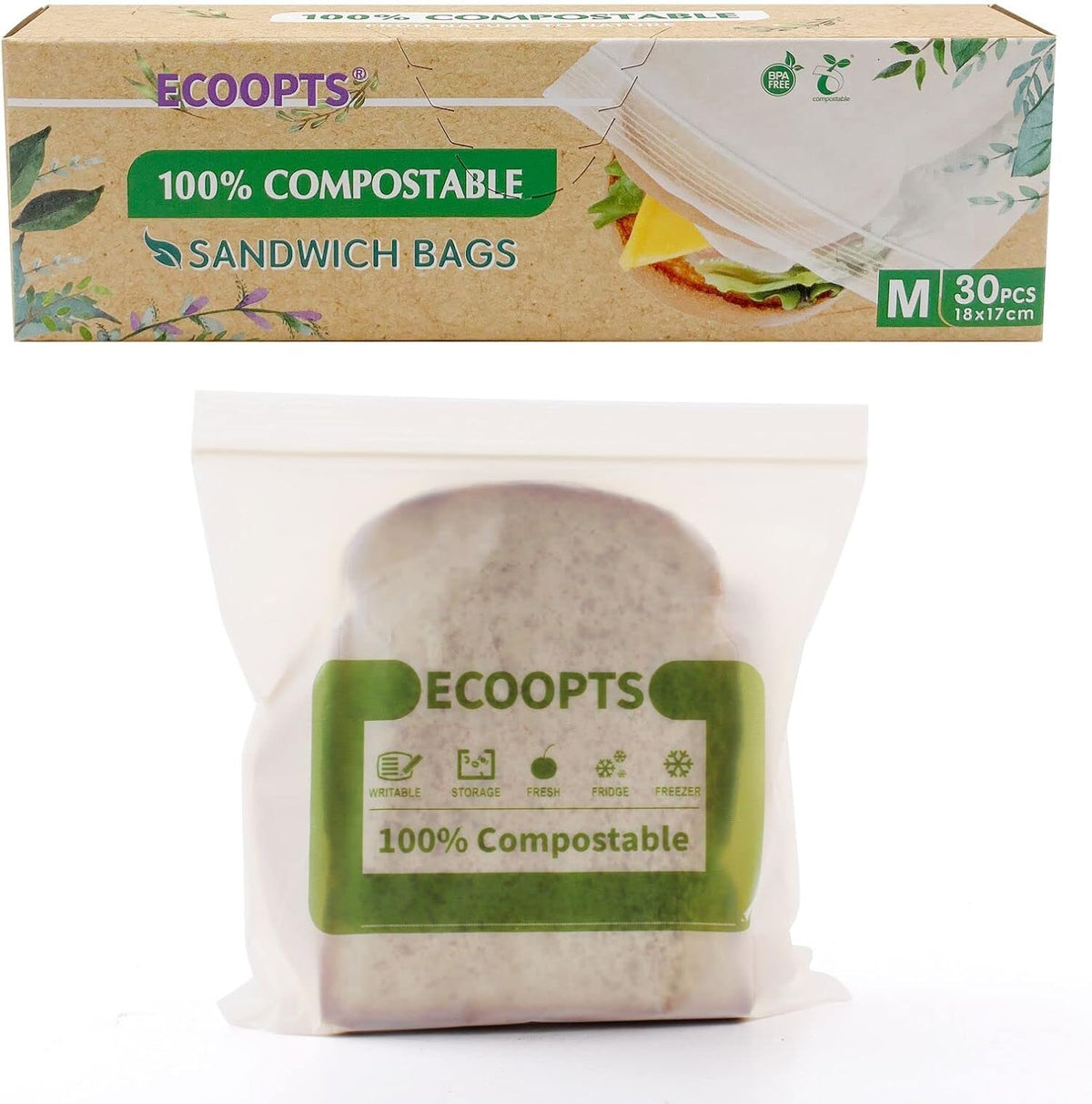 100% Compostable Sandwich Zip Bag | ECO-Friendly Food Storage Bags | Freezer Bag | Plant-Based BPA-free | Seal well for Fruit,Food and Snack (2, Medium)