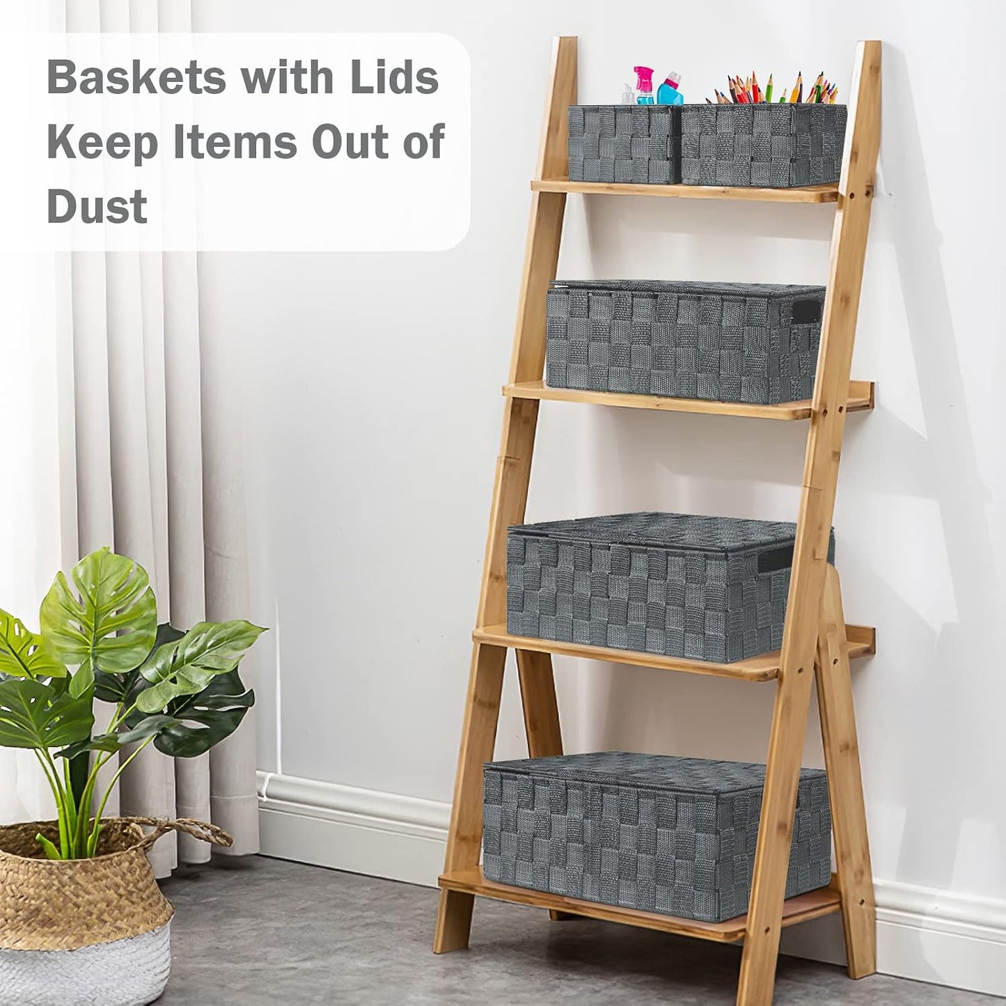 Storage Baskets with Lids: 5 Pack Stackable Woven Storage Bins, Grey