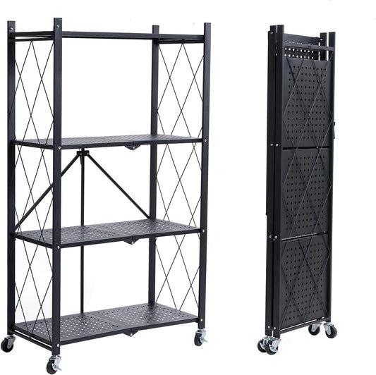 BRIAN & DANY 4-Tier Foldable Storage Shelves with Wheels, Folding Metal Rack Shelving Unit, Heavy Duty No Assembly Organizer Shelf for Garage, Kitchen, Basement, Pantry, Black