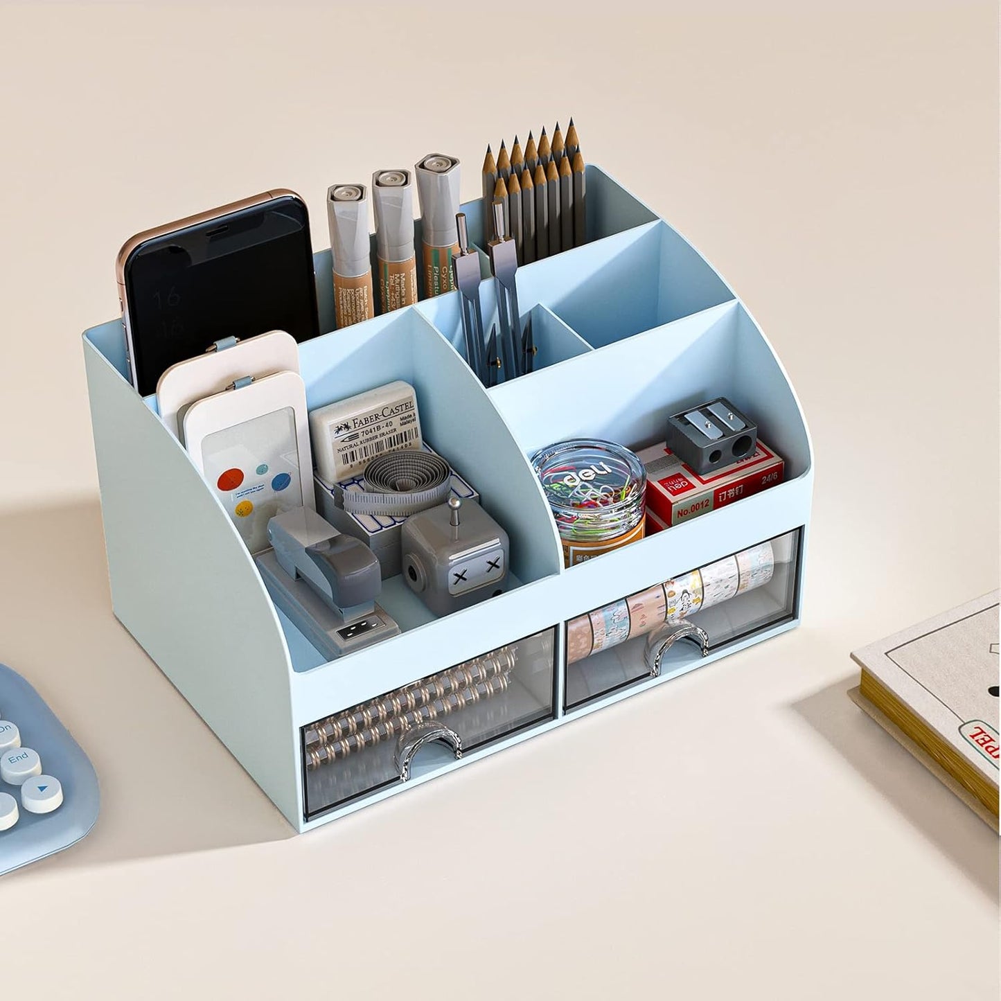 COMFYROOM Desk Organizer with 6 Compartments and 2 Drawers, Plastic Makeup Organizer, Pen Holder for Desktop Storage, Desk Organization for School, Home, Office Supplies (Blue)