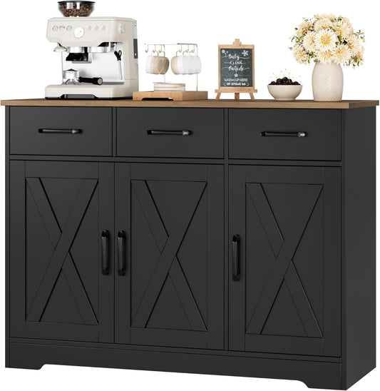 HOSTACK Kitchen Buffet Cabinet with Storage, Sideboard Coffee Bar, Black | Farmhouse Kitchen Storage Cabinet with 3 Drawers & Adjustable Shelf & Doors, 42.5"W Buffet Table for Dining Living Room