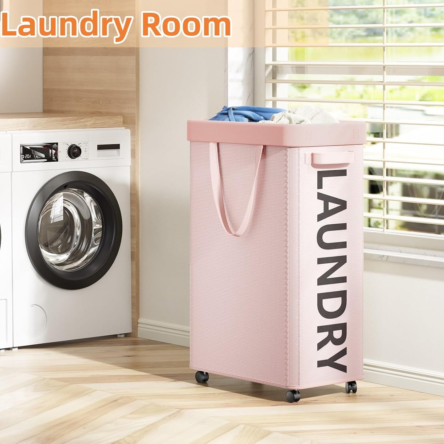 Optish Pink Laundry Basket with Wheels, Dorm Room Essentials Girl, 90L Rolling Laundry Hamper with Wheels, Large Clothes Hamper on Wheel with Removable Mesh Bag for Bedroom, Dorm