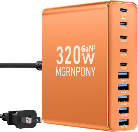 320W USB C Charger Block, MGRNPONY 10-Port GaN USB C Charging Station
