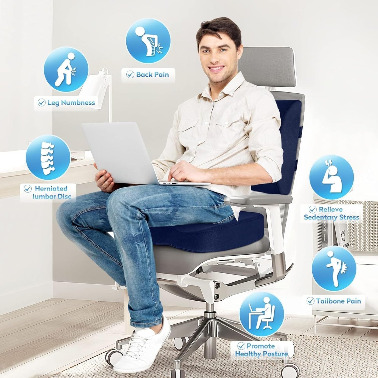 CloudBliss Lumbar Support Pillow & Seat Cushion Set for Office Chair, Desk Chair, Wheelchair & Car – Memory Foam Back Support, Ergonomic Chair Cushions, Sciatica Pain Relief, Home Essentials, Blue