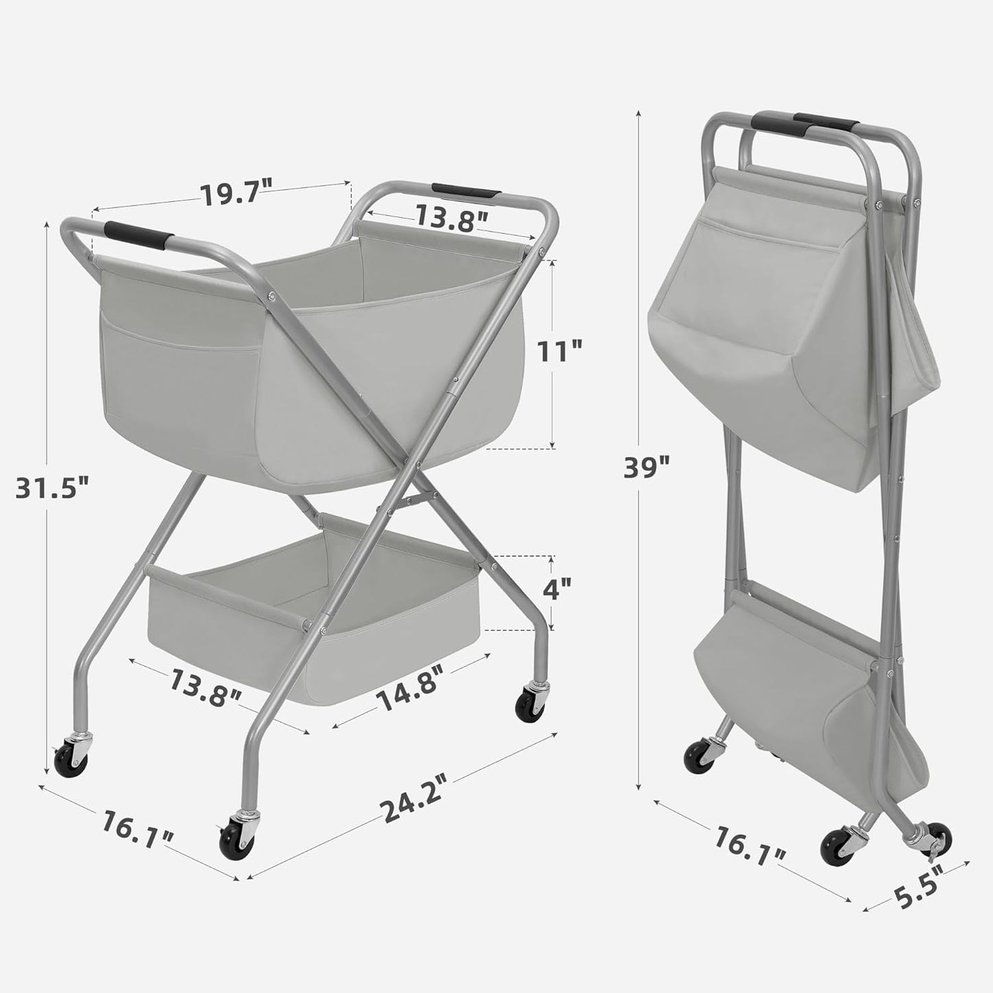 STORAGE MANIAC Collapsible Laundry Cart with Wheels 31.5"H Rolling Laundry Hamper Clothes Basket with Wheels, Canvas Liner Sturdy Steel Frame Folding for Small Narrow Space Easy Storage, Grey