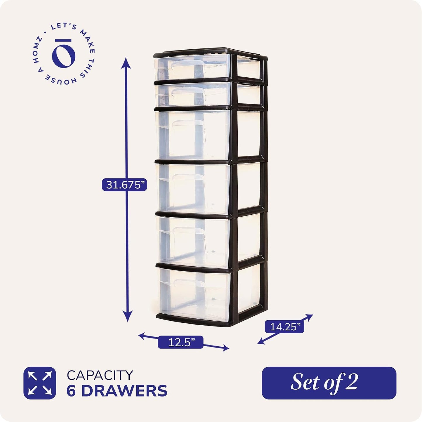 HOMZ 2-Pack Drawer Tower, 6-Tier Clear Plastic Storage Organizer Cart, Black Frame - Organizing Containers for Home, Office, Bathroom, Bedroom, and Classroom
