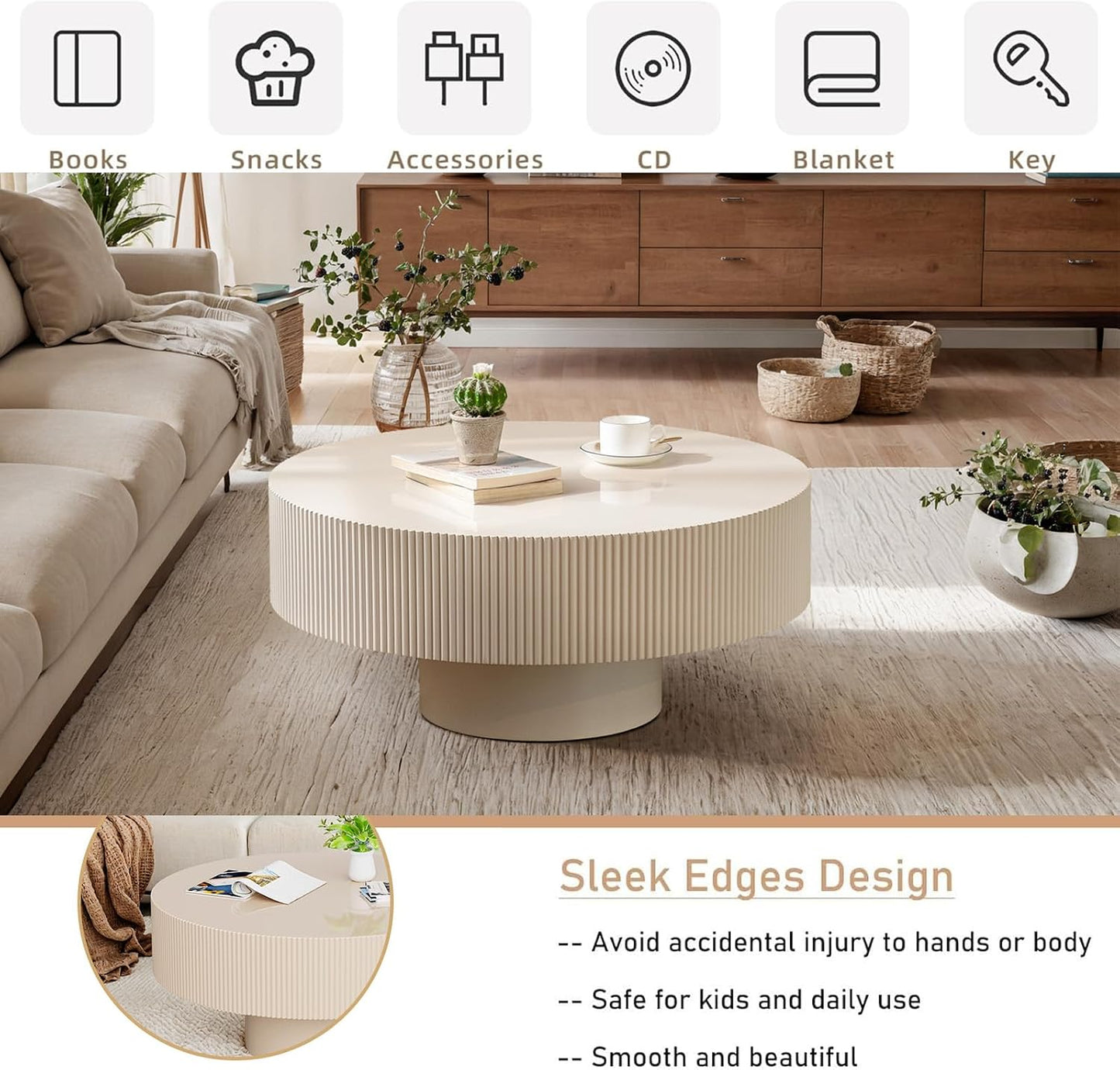 Mid Century Modern Round Fluted Coffee Table (A) | Handcraft Drum Coffee Table, Sturdy Pedestal, Wood Veneer Top, for Living Room Reception Room Farmhouse