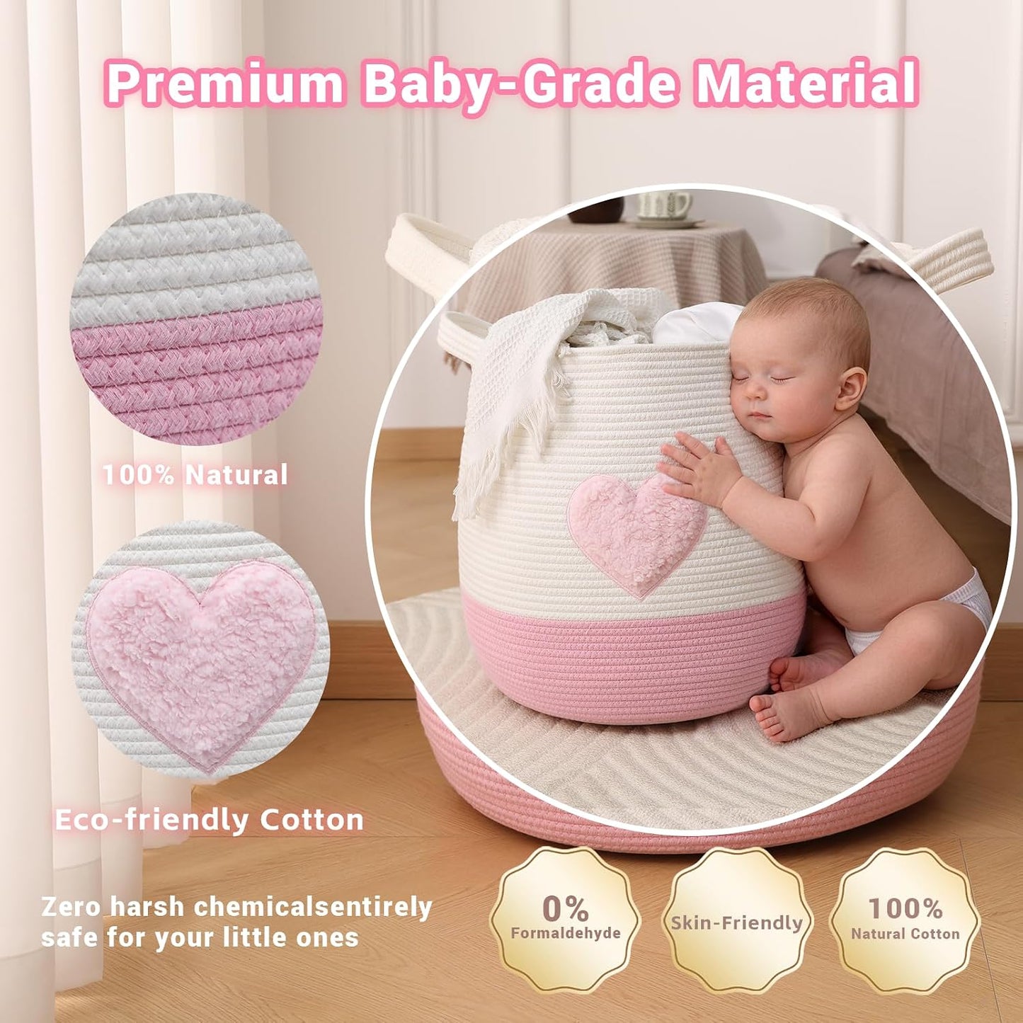 Large Cotton Rope Basket, Woven Storage Basket for Toy, Laundry and Blanket Organizer Basket, Round Hamper Basket with Handles for Kid's Room 17.7"x16.9" (Pink Heart)