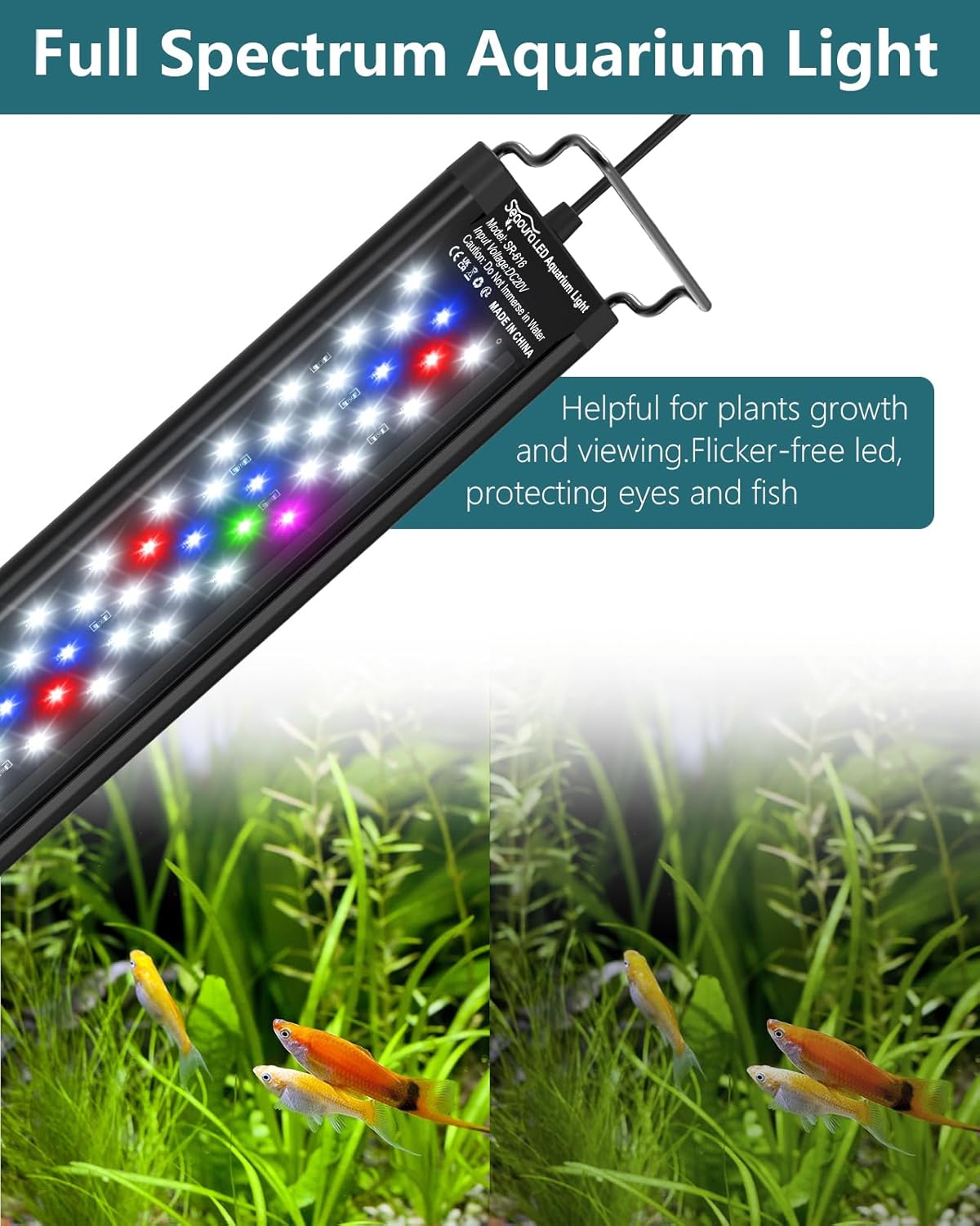 SEAOURA Led Aquarium Light for Plants-Full Spectrum Fish Tank Light with Timer Auto On/Off, 18-24 Inch, Adjustable Brightness, White Blue Red Green Pink LEDs with Extendable Brackets for Freshwater