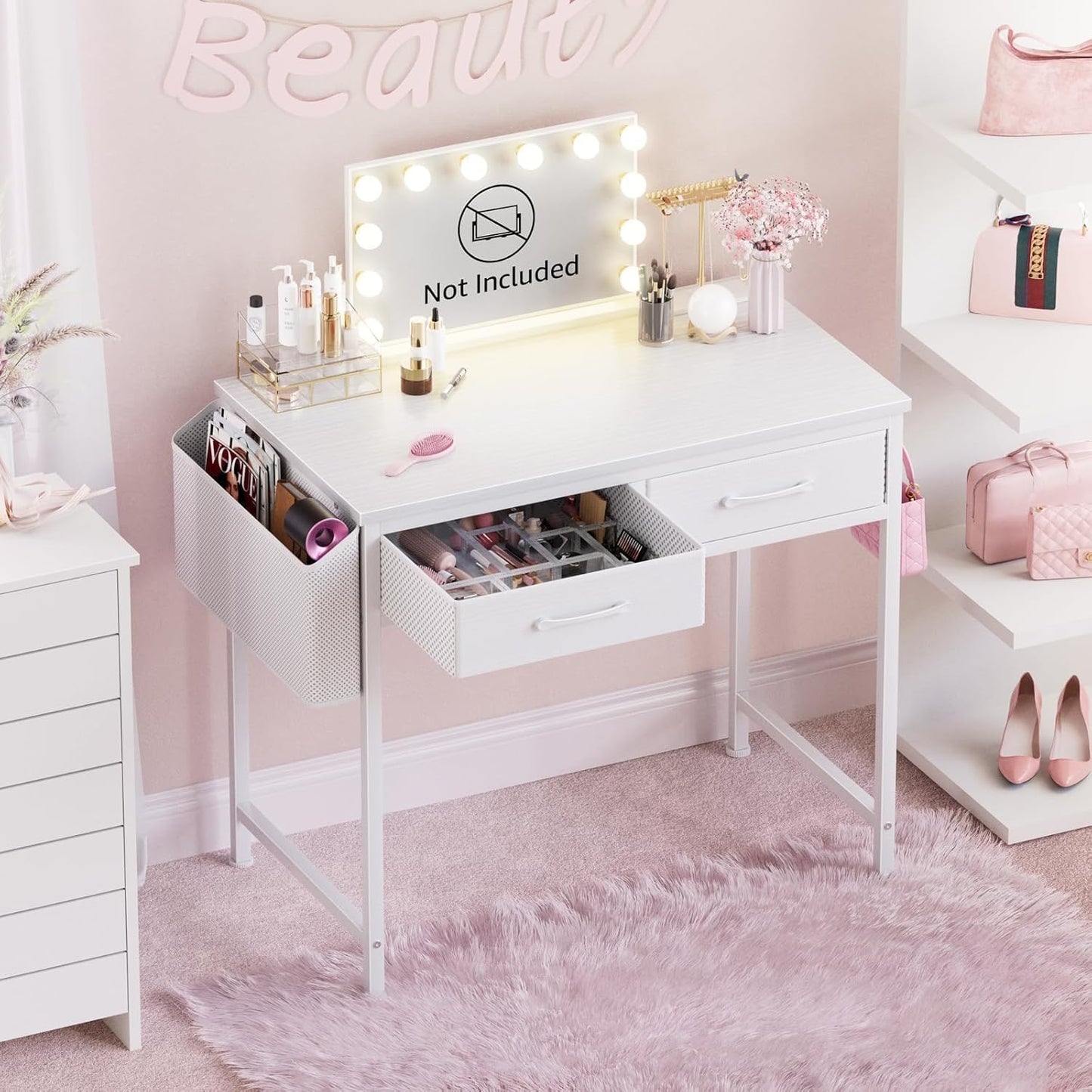 DLisiting White Desk with Storage Drawers - 39 Inch Small Computer Desk with Drawers for Bedroom Home Office, Study Writing Vanity Table Without Mirror for Girls Small Spaces