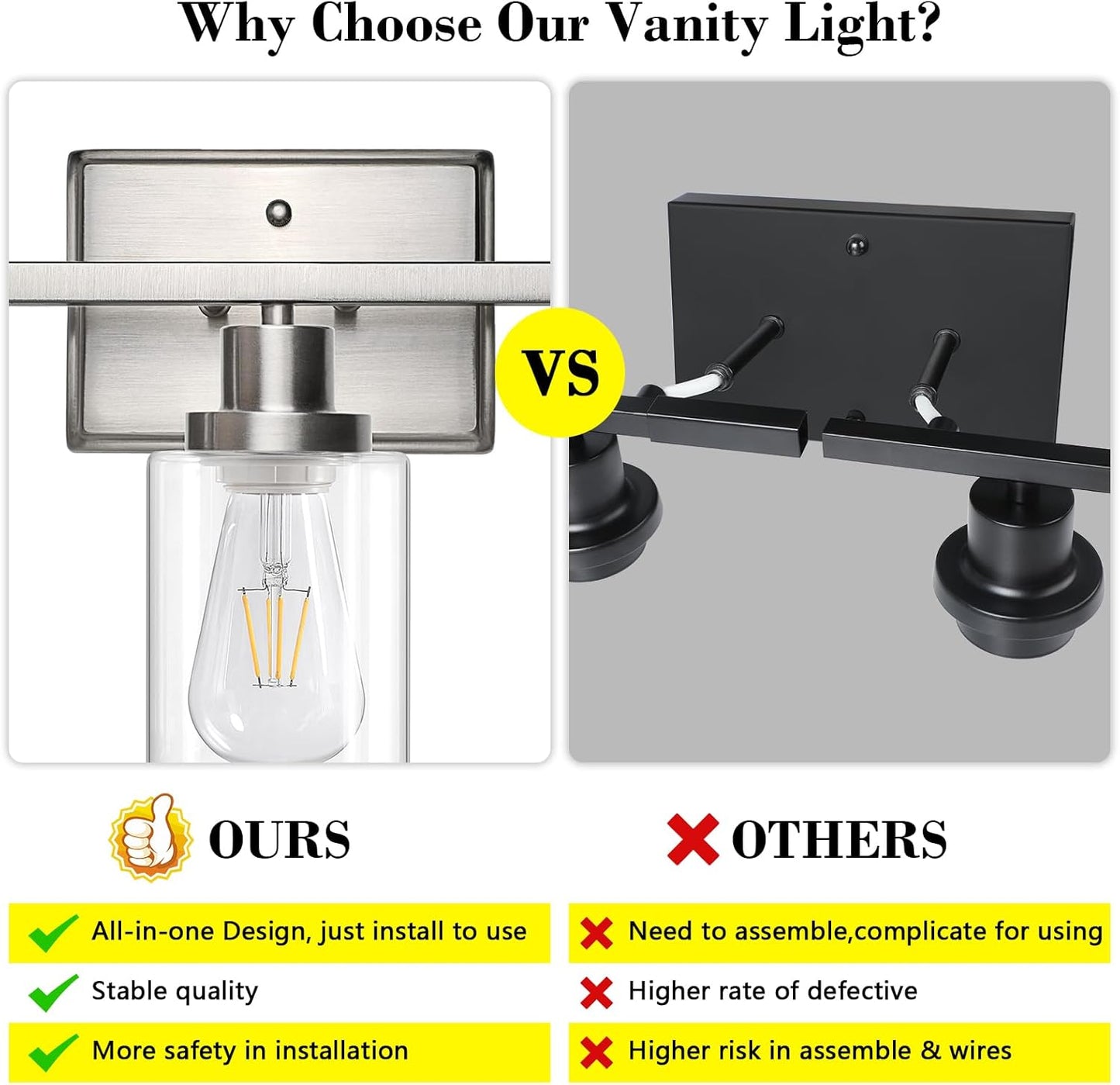 Ascher Bathroom Vanity Light Fixtures, 3 Light Wall Sconces Lighting with Clear Glass Shade, Brushed Nickel Wall Lights for Mirror, Kitchen, Living Room, Gallery, E26 Base (Bulbs Not Included)