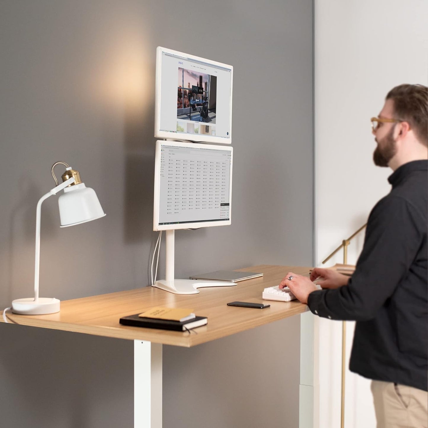 VIVO Dual Monitor Desk Stand Free-Standing LCD Mount, Holds in Stacked Vertical Position 2 Ultrawide Screens up to 34 inches, White, STAND-V002LW
