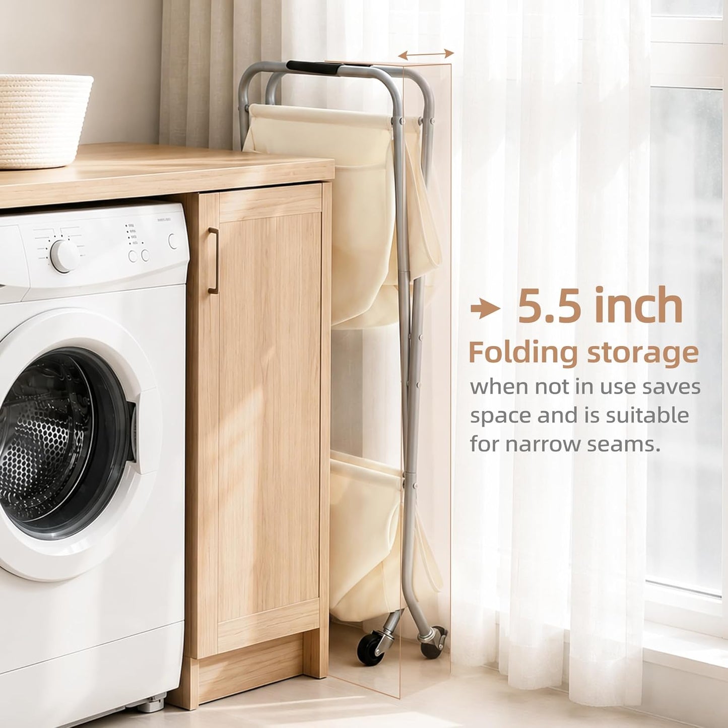 STORAGE MANIAC Collapsible Laundry Cart with Wheels 31.5"H Rolling Laundry Hamper Clothes Basket with Wheels, Canvas Liner Sturdy Steel Frame Folding for Small Narrow Space Easy Storage, Beige