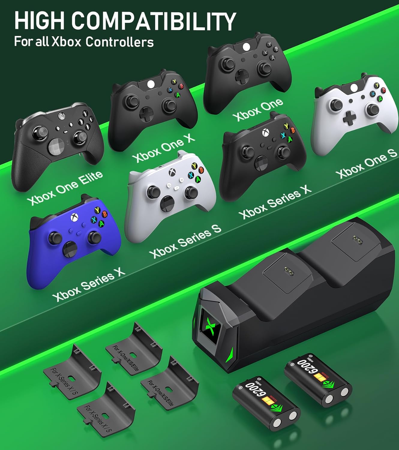 Upgraded Controller Charger Station with 2x6200mWh Rechargeable Battery Packs for Xbox One/Series X|S, Dual Charging Dock for Xbox One Battery Pack (Controller not Included)