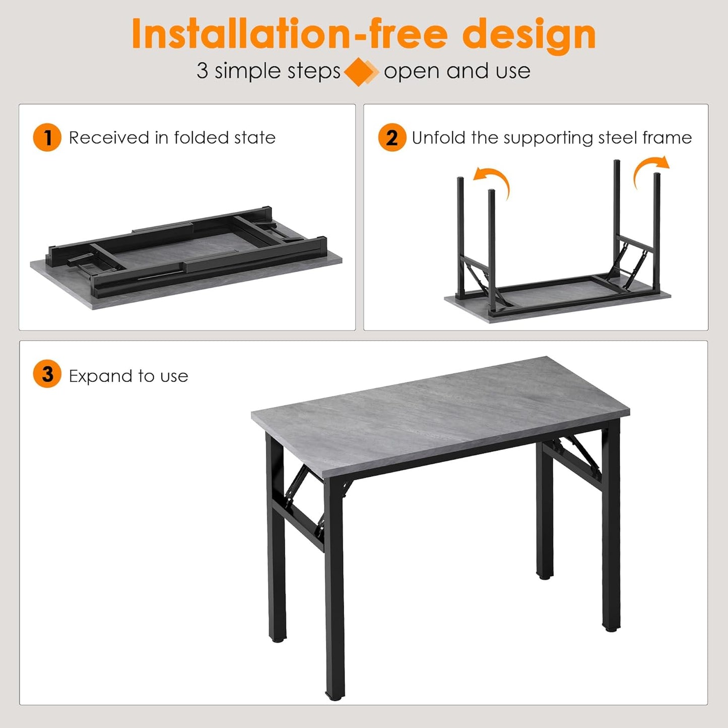 Need 31.5 Inch Folding Desk for Small Spaces, Home Office Computer Desk with Grey Wood Top & Black Frame, Foldable Writing Table for Study, Bedroom, Dorm Room & Student