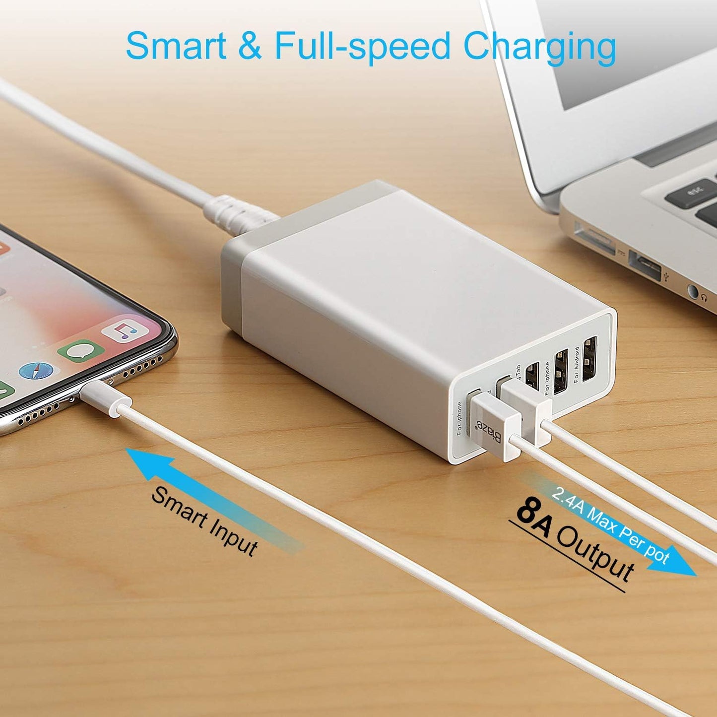 Desktop 5 Port USB Wall Charger 40W 8A, USB Hub Charging Station | Pezin & Hulin Protable Multi Port USB Charger for Multiple Devices, for Cell Phone, Tablet, Android Smart Phone and More