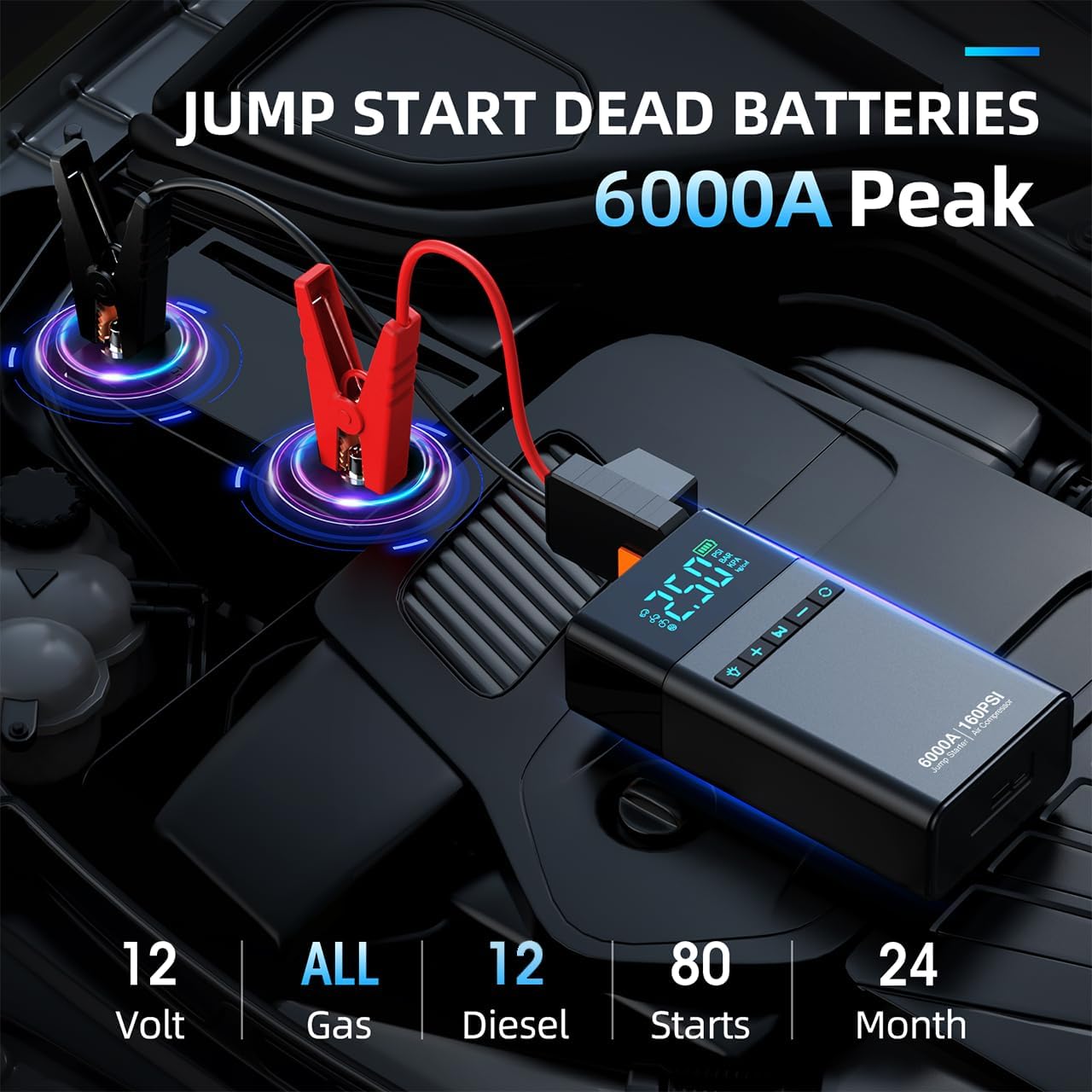 10-in-1 Portable Car Battery Jump Starter with Air Compressor, 6000A 160PSI Portable Car Jumper Starter (All Gas 12L Diesel), 12V Jump Box Car Battery Jump Starter with Jumper Cables, Lights