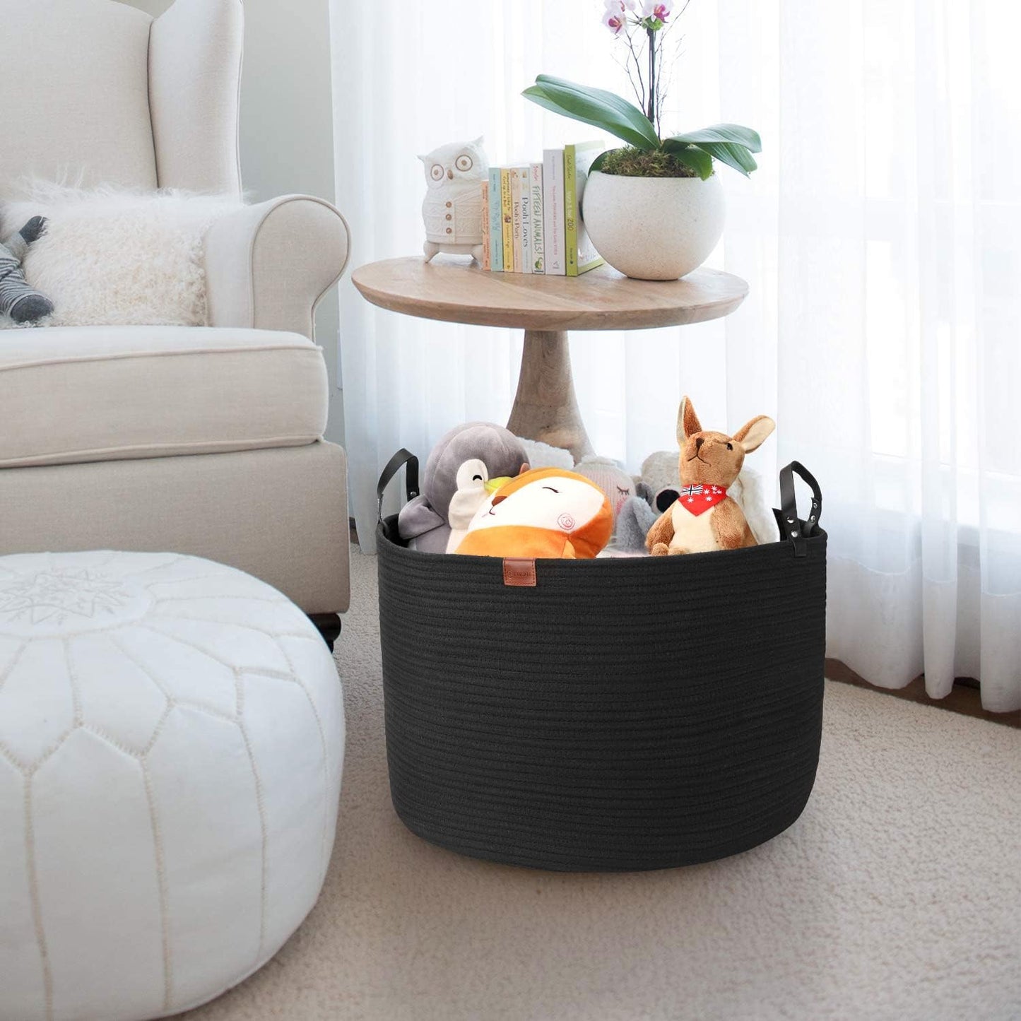 Cotton Rope Woven Laundry Basket 22"X 22"X 14" with handles (Pure Blk) XXXL | Hand-woven, ideal for storing blankets and cushions in the living room, and clothes for household storage.