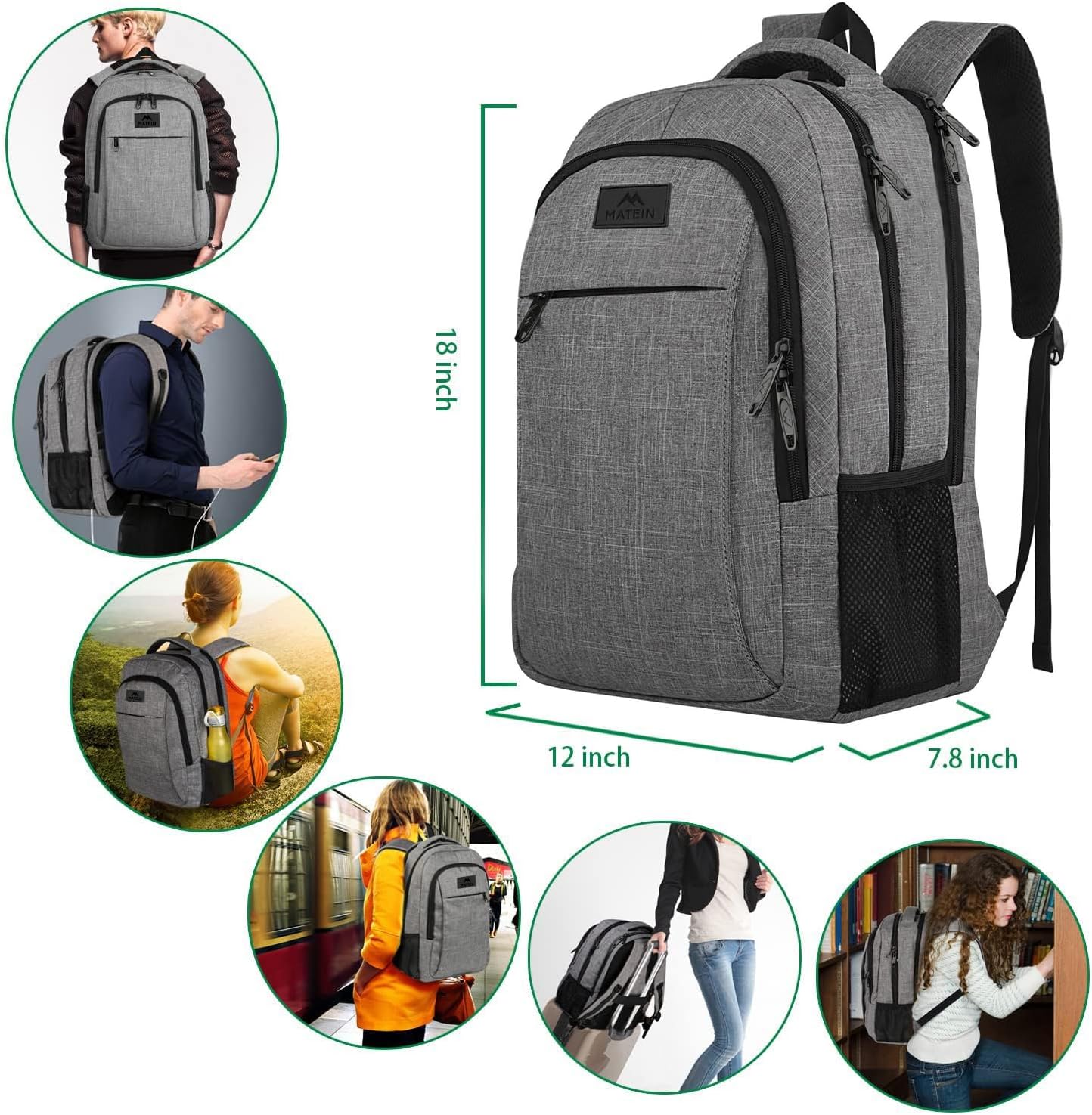 MATEIN Travel Laptop Backpack, Business Anti Theft Slim Sturdy Laptops Backpack Personal Item Bag, Water Resistant College School Computer Bag Gift for Men & Women Fits 15.6 Inch Notebook, Grey