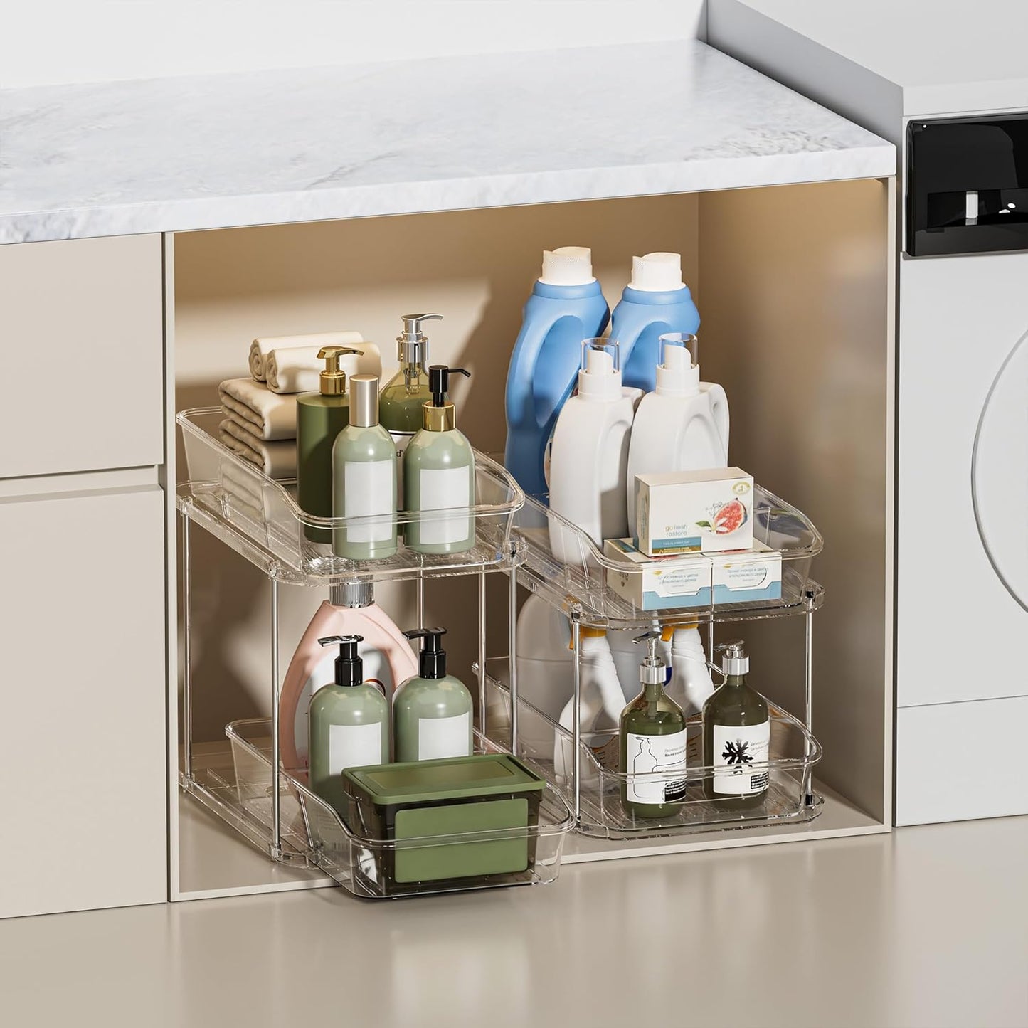 Delamu 2-Tier Under Sink Organizers and Storage, Multi-Purpose Stackable Bathroom Cabinet organizers, Pull Out Kitchen Pantry Organization and Storage with Dividers(2 Pack, Clear)