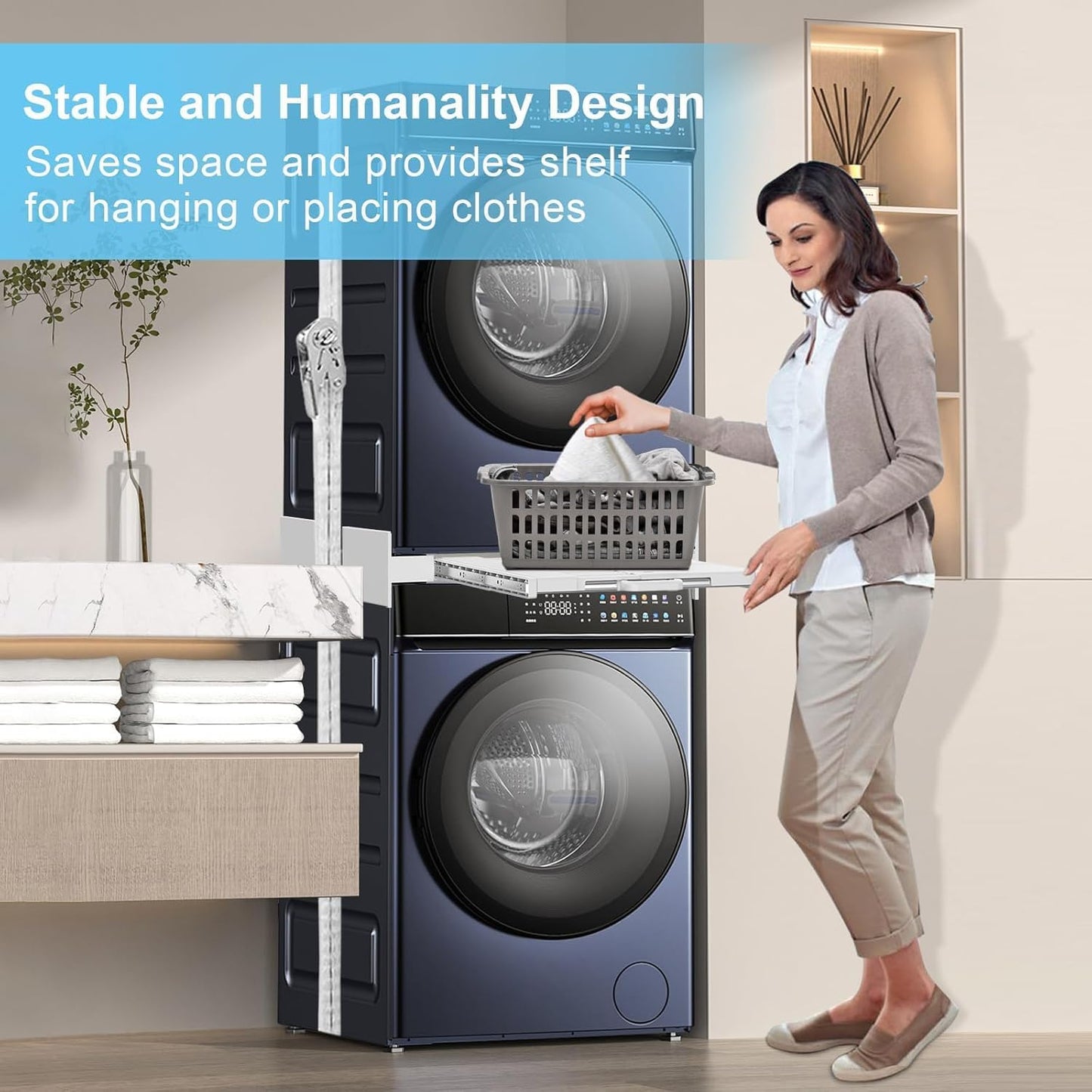 Kiss Core Washer Dryer Stacking Kit, Universal Washer Dryer Stacking Kit with Pull-Out Sliding Plate, Adjustable 29"-21" Stacking Kit for Washer and Dryer with Ratchet Strap