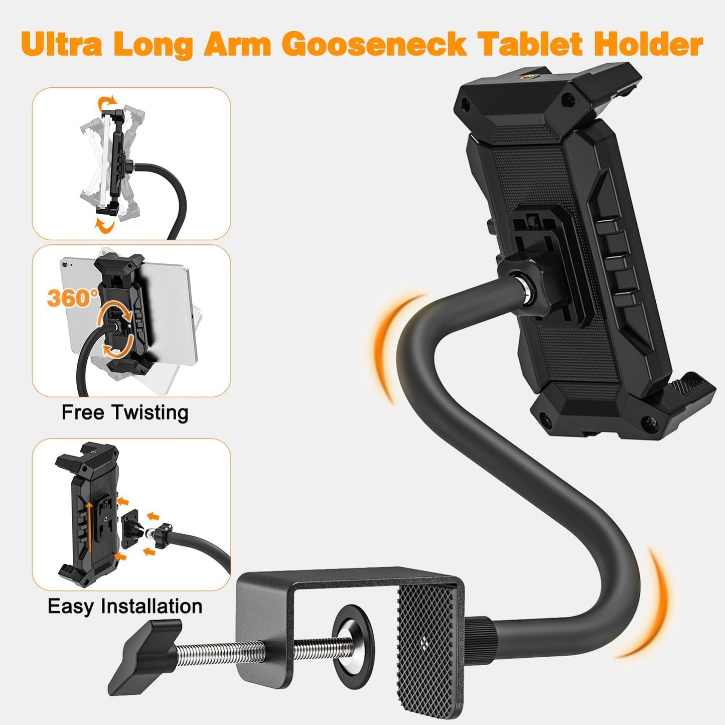 Tablet Stand Holder, Heavy Duty Gooseneck iPad Desk Mount with C-Clamp, Flexible Arm for Kitchen/Office/Video Recording, Shake-Free Stand for 4.7-13.5" Tablet/Phone,
