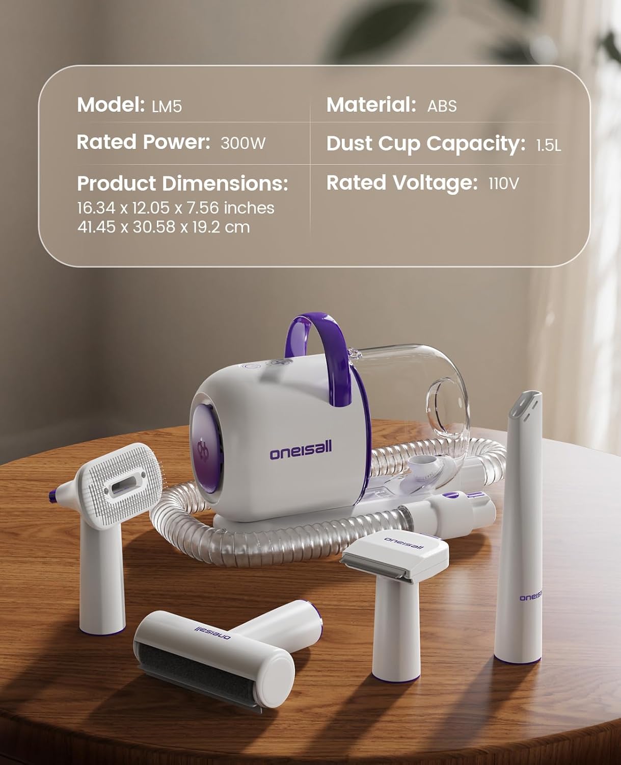 oneisall Dog Grooming Vacuum Kit: 15000Pa Shedding Brush with Grooming Tools, 3 Suction Low Noise, for Pet Thick and Undercoat, 1.5L Dust Cup, Dog Hair Vacuum, Home Cleaning, LM5