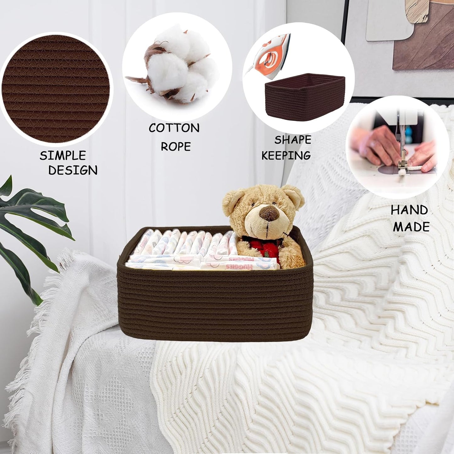 COMFY HOMI 11.5"x7.5"x4.7" Storage Baskets for Organizing | Cotton Rope Woven Basket | Toy Storage Bin Box | Basket for Shelves, Closet Organizer Bin, Decorative Closet Shelf, 3 Pack,
