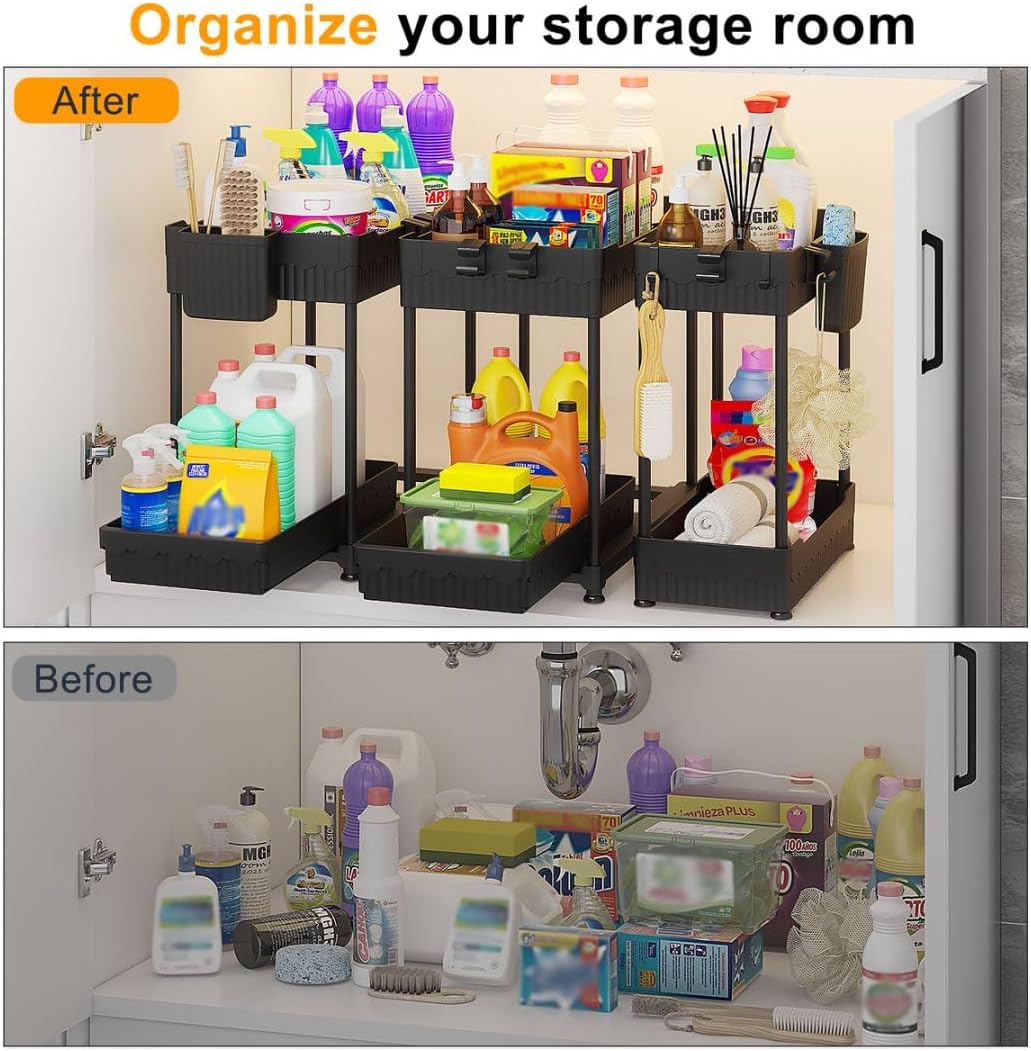 Sevenblue 3 Pack Under Sink Organizers,2-Tier Multi-Use Kitchen and Bathroom Organizers and Storage with Sliding Drawers,Bathroom Cabinet Organizer (Black, 12.8 Inch)