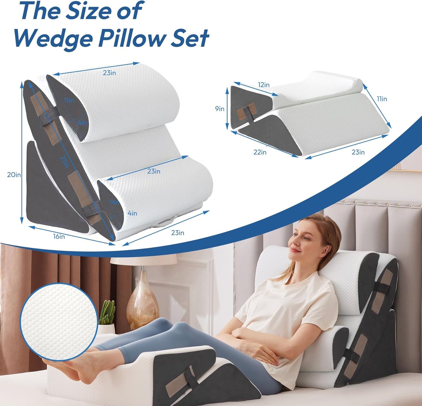 Ahpmeoa 6PCS Wedge Pillow Set for After Surgery, Bed Wedge Pillow Post Surgery, Bed Pillows for Sitting Up, Sleeping, Acid Relux, Memory Foam Back Pillow, Beds Wedges & Body Positioners, White/Grey