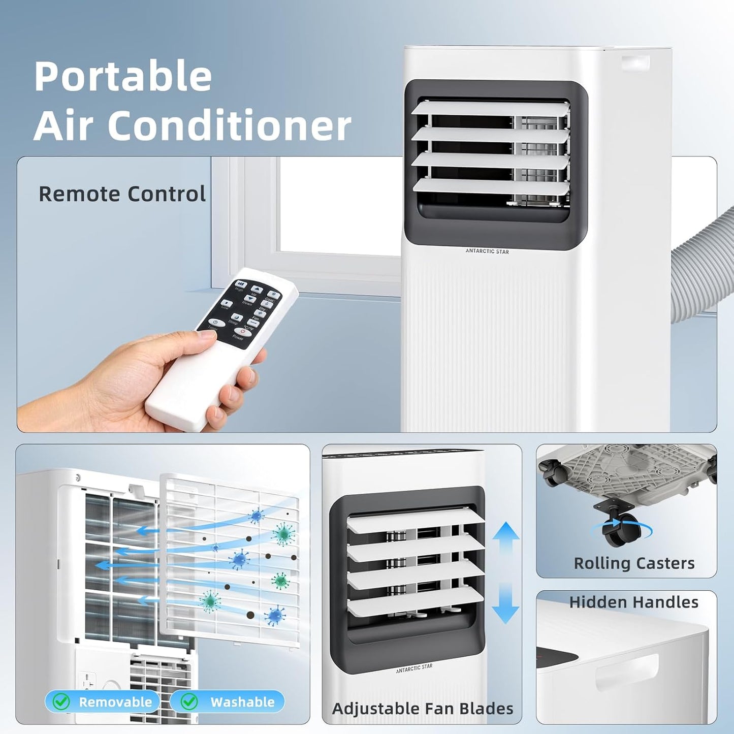 Antarctic Star 8000 BTU Portable Air Conditioner, 5-in-1 AC Unit with Cool, Dehumidifier, Fan, Sleep & Timer Modes, Auto Swing, Child Lock, Cools Up to 350 Sq.Ft, Air Conditioner for Bedroom Apartment