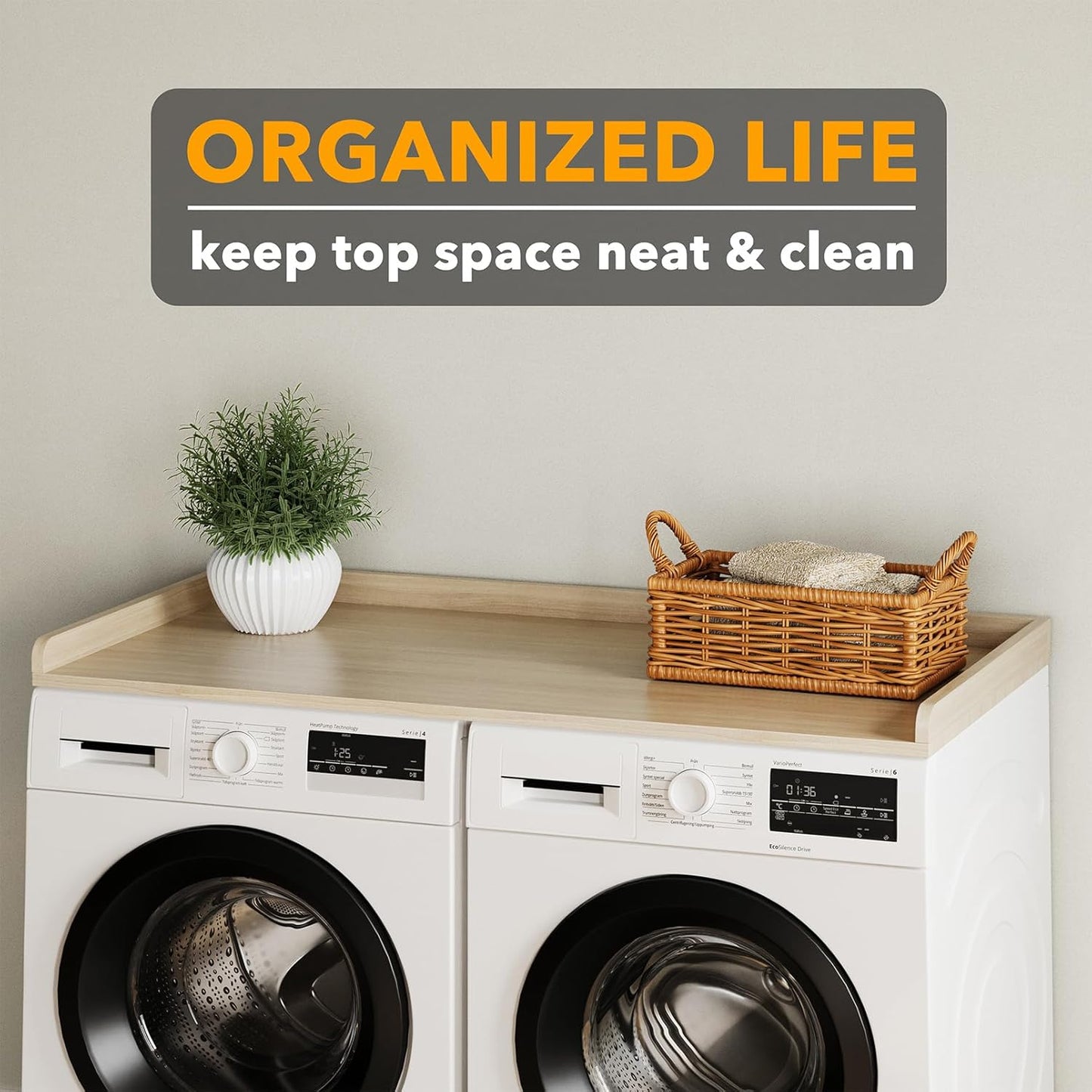 SpaceAid Washer Dryer Countertop, Laundry Wood Shelf Topper with Edge, 54" Width x 27.5" Depth Cover Guard Organizer for Washer and Dryer Laundry Hamper Counter Storage Organization (Oak)