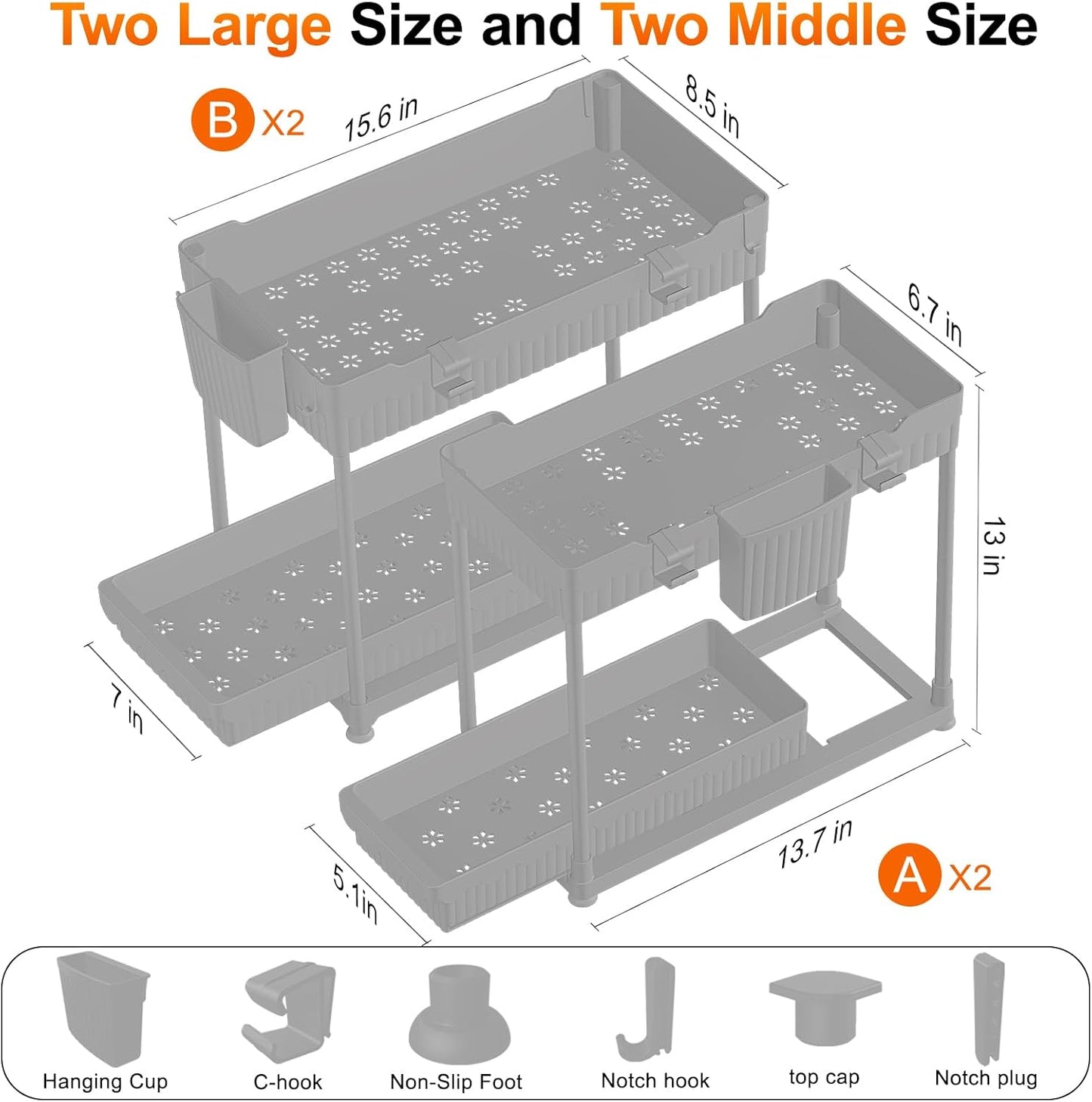 Sevenblue Under Sink Organizer, Bathroom Organizers and Storage, 2 Tier Multi-Use Pull Out Cabinet Organizer with Hang Hooks and Cups (Gray, 4 Pack)