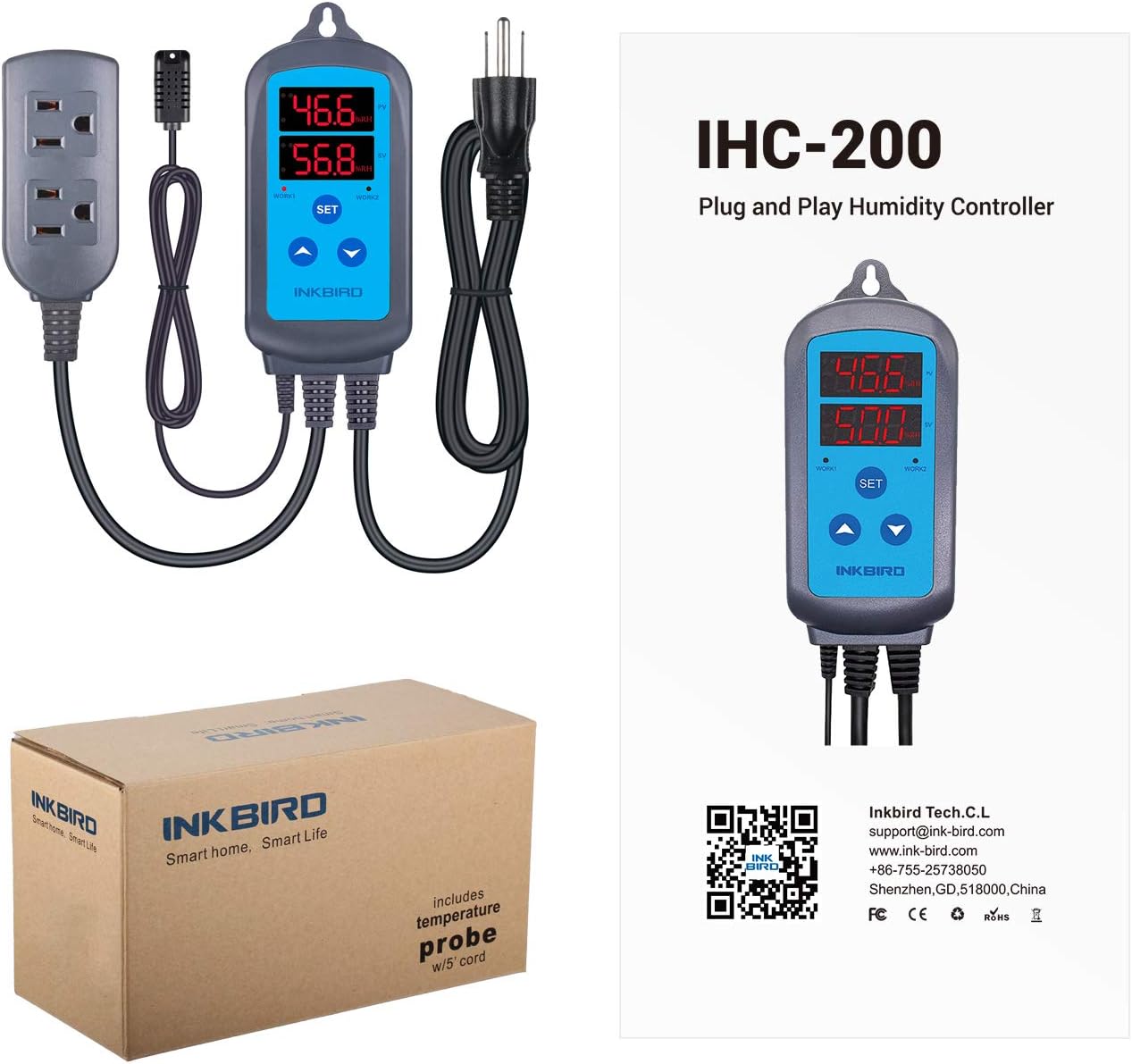 Inkbird Humidity Controller IHC200 Humidistat Mushroom Greenhouse Pre Wired Outlet Dual Stage Humidifier Dehumidifier.
