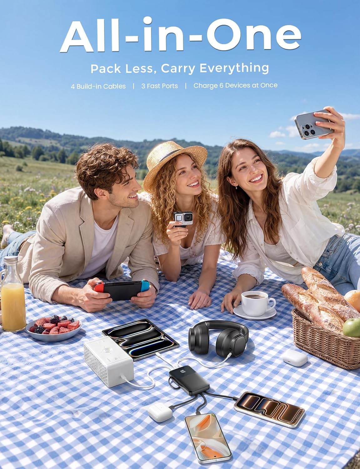 Power Bank, 15000mAh Portable Charger with Built in Cable, 22.5W Fast Charging, 6 Outputs, Slim Travel Essential Battery Pack with LED Display, Compatible with iPhone 17/16/15/14/13, iPad Black