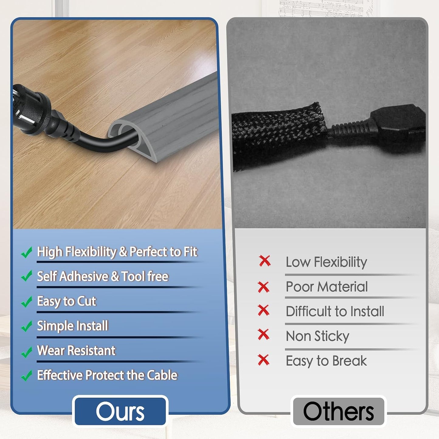 Floor Cord Cover for Wires on Floor Self Adhesive Cord Hider | Floor Cable Cover Floor Wire Covers for Cords Prevent Cable Trips, Cord Cavity W 0.32" x H 0.32", Gray Wood, 20Ft