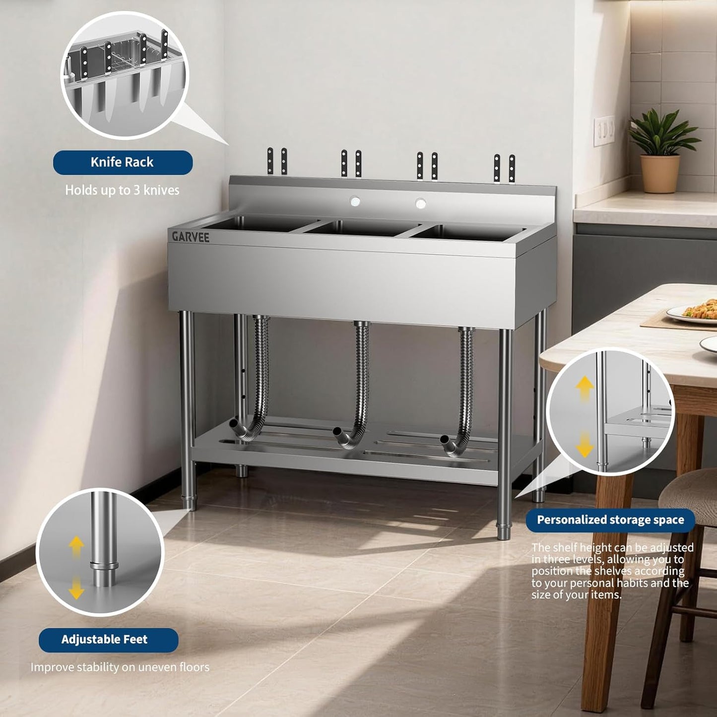 Utility Sink, Freestanding 3 Compartment Sink(18" x 10" x 8"), Stainless Steel Commercial Restaurant Sinks, Laundry Tub with 2 Pre-Drilled Faucet Holes(39" x 13" x 33")
