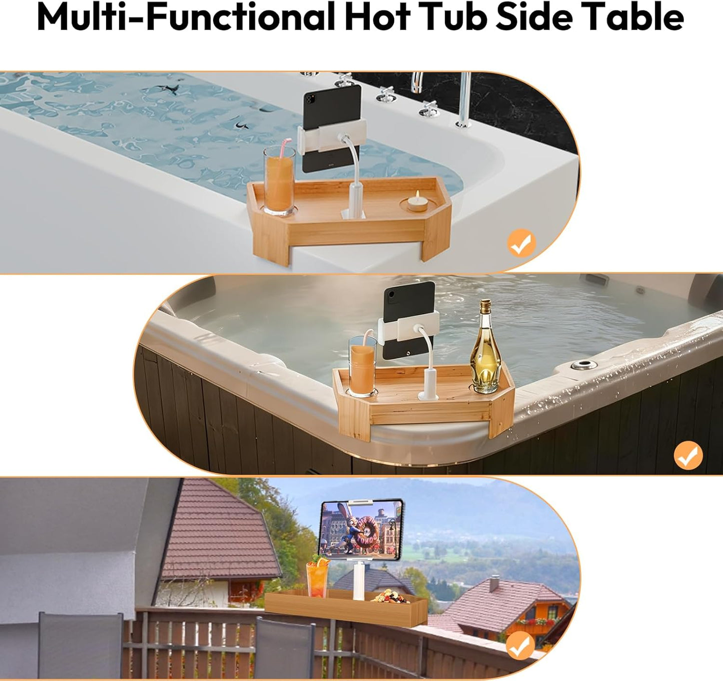 POOLCOMFT Bamboo Hot Tub Tray with Adjustable Phone Holder, Non Slip Hot Tub Table with Card & Scented Candle, Hot Tub Accessories - Unique Gift Idea for Spa Lover, Women, Parents