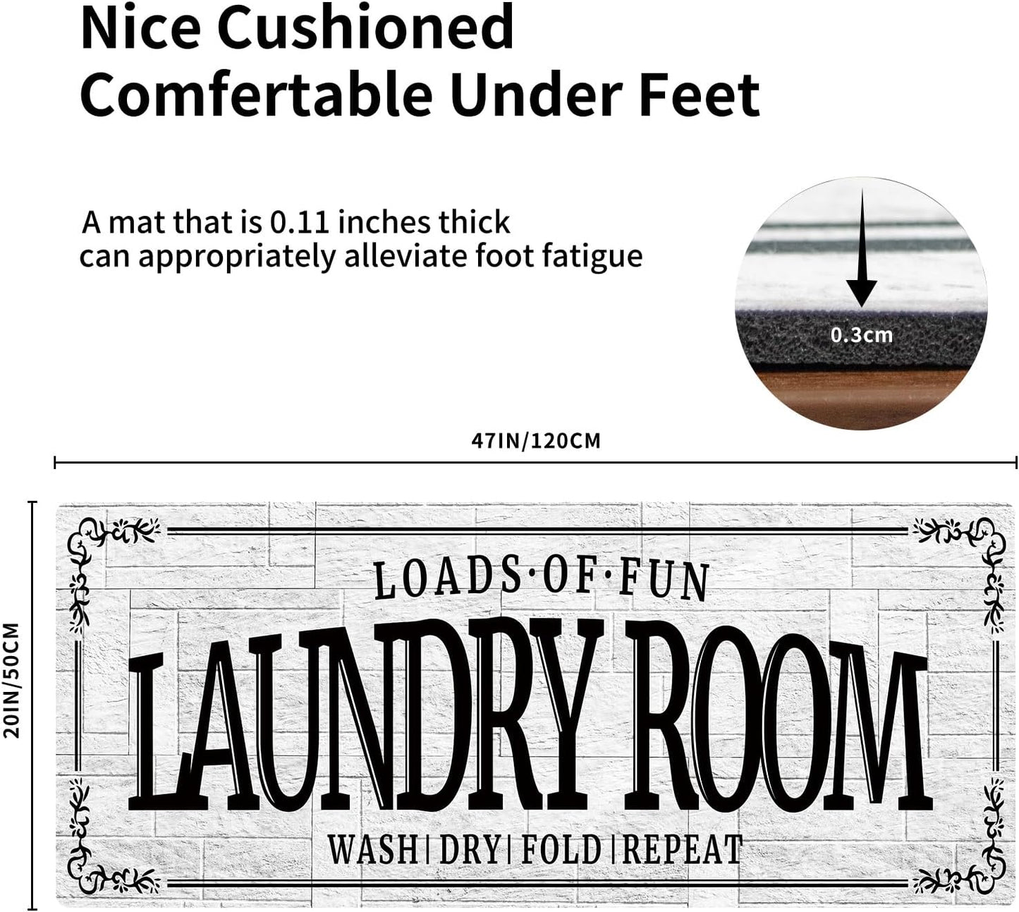 Non-Slip Rubberback Laundry Room Rug Runner 20''x47'' - Kitchen Farmhouse Decor Floor Laundry Mats for Mudroom and Bathroom Carpet Machine Washable Waterproof, White