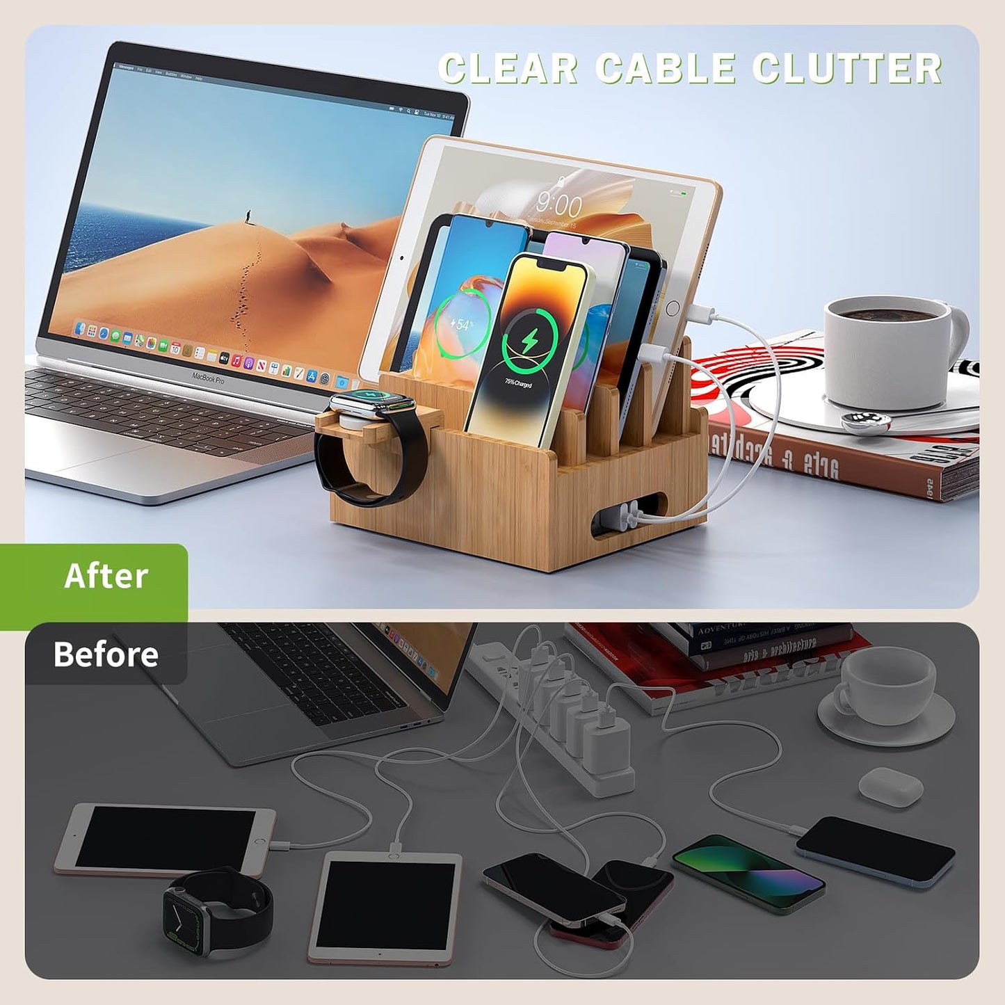 Pezin & Hulin Bamboo Charging Stations with 5 Port USB Charger & 5 Cables | Cell Phone Organizer for Multiple Devices with Watch Stand for Tablets, Smart Watch