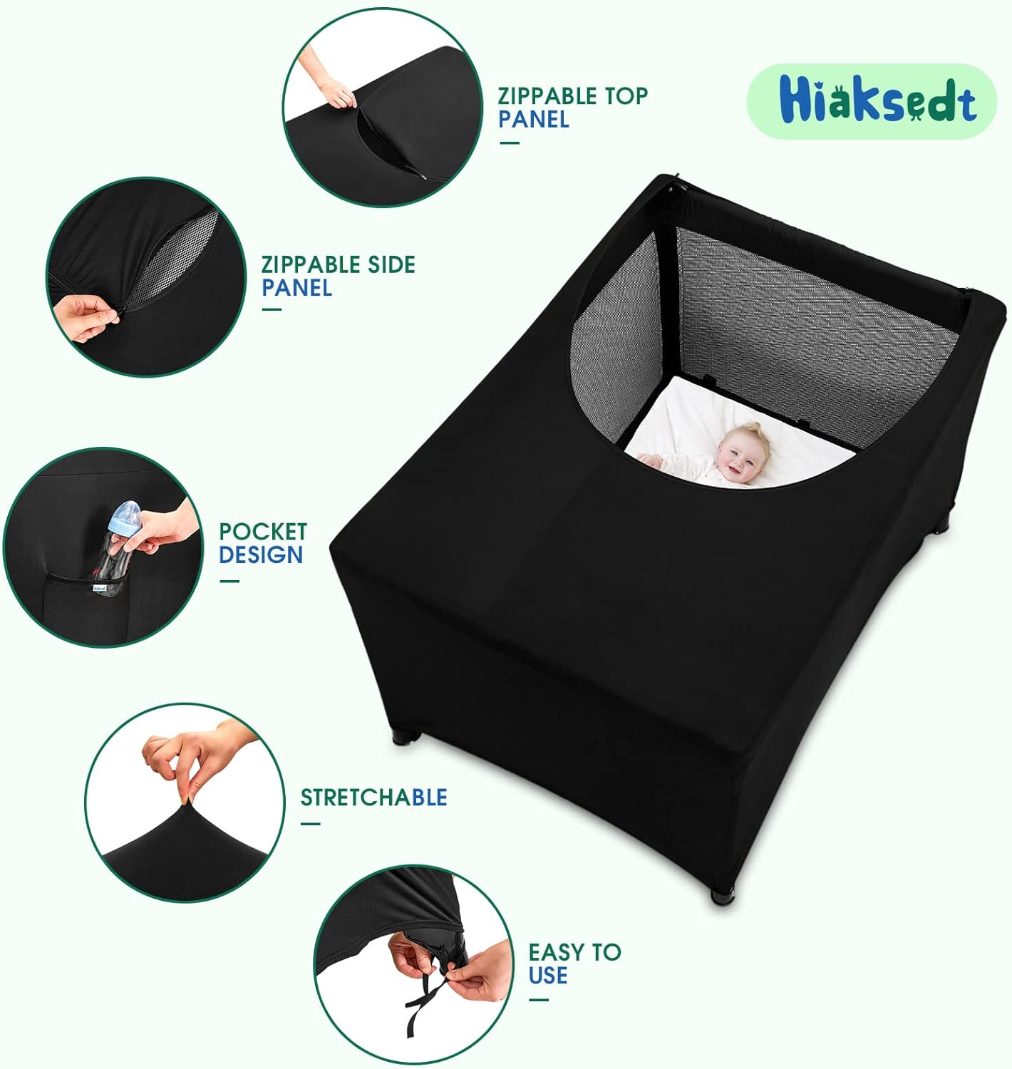 Pack N Play Blackout Cover, Hiaksedt Crib Canopy Cover for Pack and Play, Breathable Blackout Tent for Travel Crib, Portable Stretchy Netting Cover for Indoor Outdoor Travel Playard