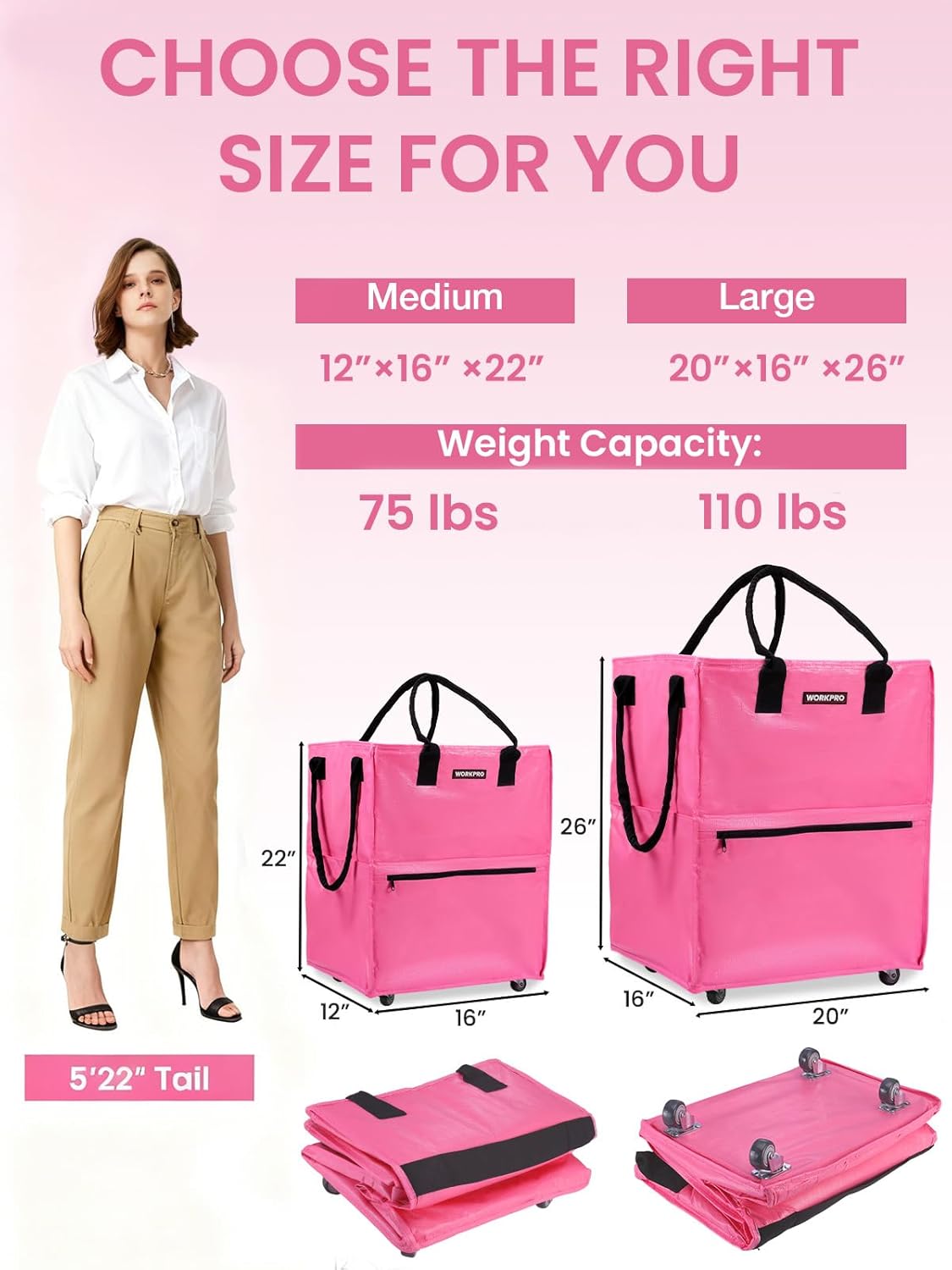 WORKPRO Large Rolling Grocery Bag, 36-Gallon Tote with 5 Wheels, 110 lbs Capacity, Dual Carry, Wide Zipper & Extra Storage for Shopping, Laundry & Moving