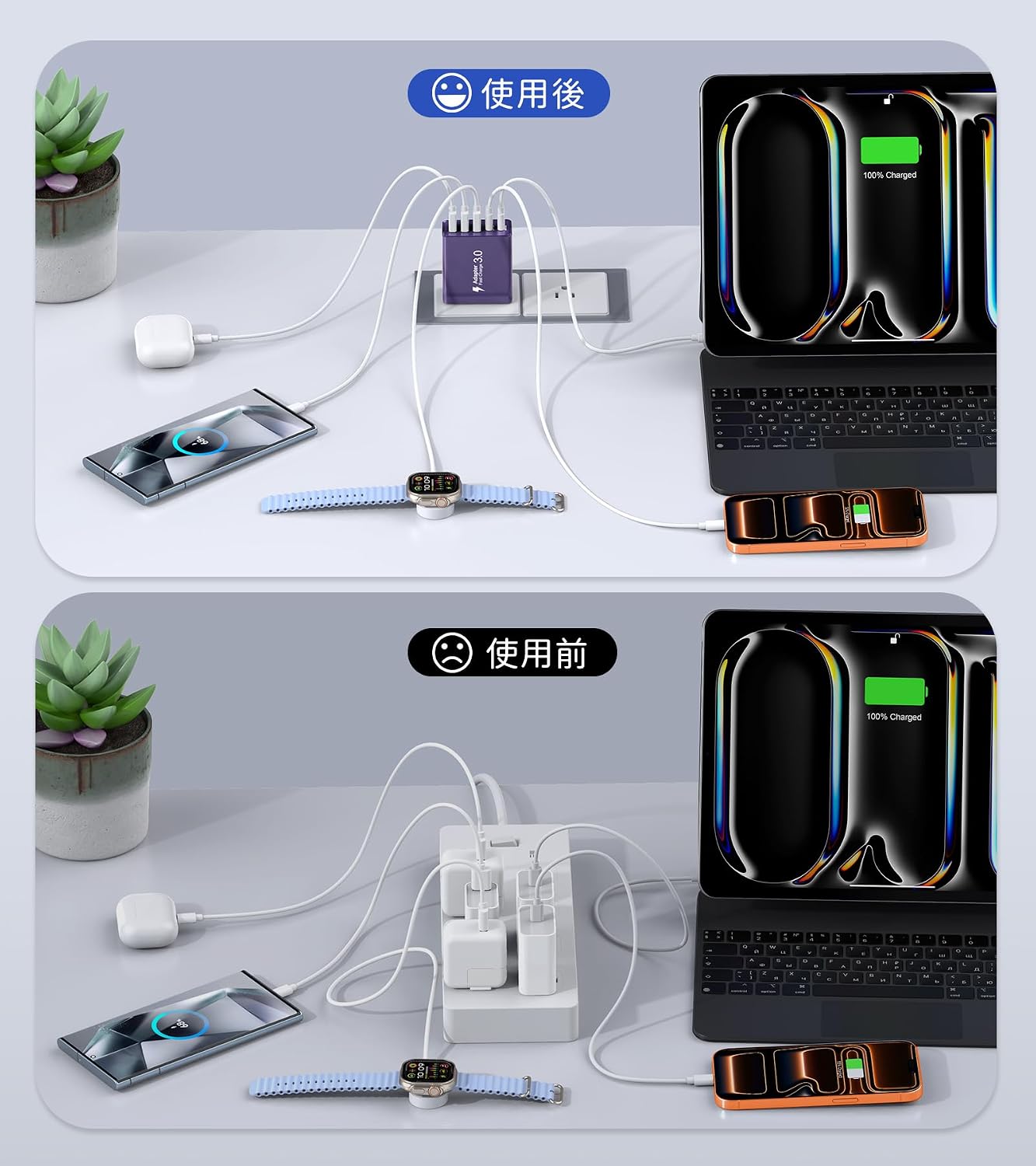 [2-Pack] USB C Wall Charger, 50W Charger Block 5-Port PD Fast Charging Blocks,Multiport 2USB C+3USB A Plug,Type C Power Adapter Brick Cube for iPhone 16/15/14/13/Pro,Samsung,for Switch（Purple）