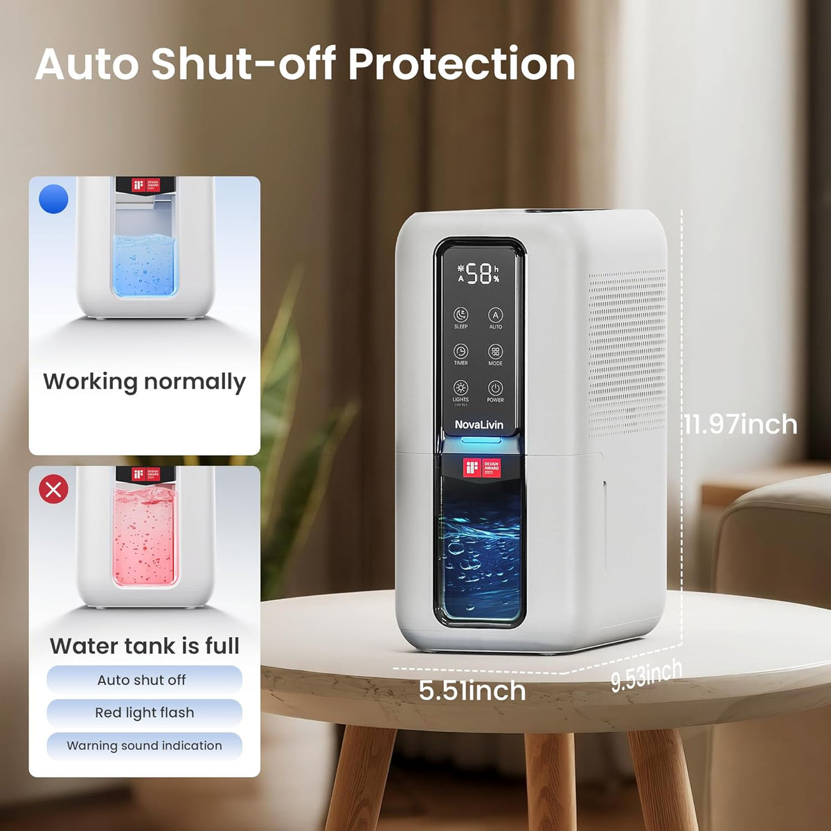 Dehumidifier for Home, Dehumidifiers for Bathroom, Bedroom, Living room, Closet with 68 OZ Water Tank, Moisture Absorbers, Auto Shut Off, Auto Humidity Control, 7 Colors LED Light, Black and White