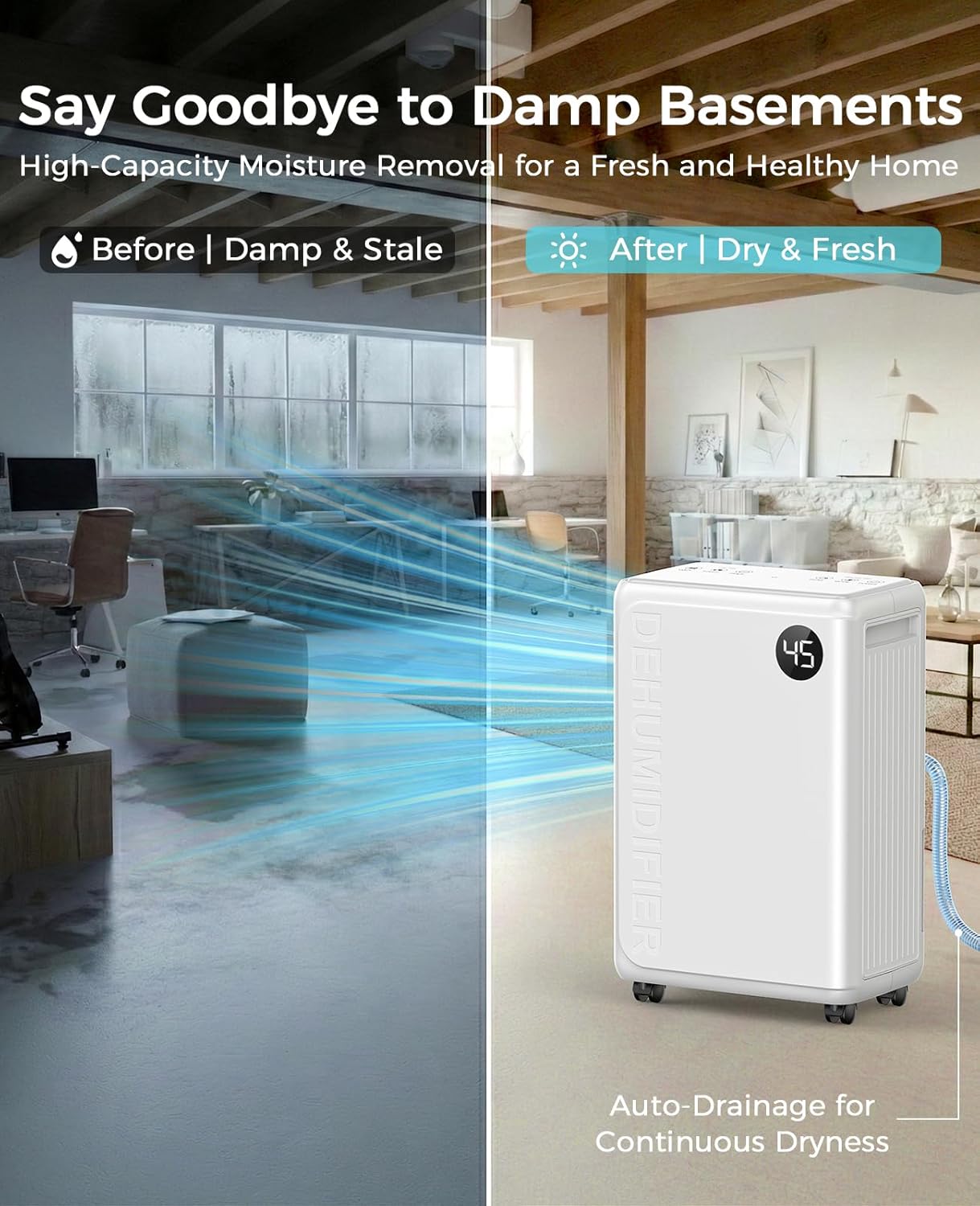 PLUSCENT 32 Pint Dehumidifier for Basement, 2500 sq.ft Dehumidifiers for Home with Drain Hose, 3 Modes, Auto Defrost, 24H Timer, Quiet Smart Humidity Control for Large Room, Bedroom, Bathroom, RV