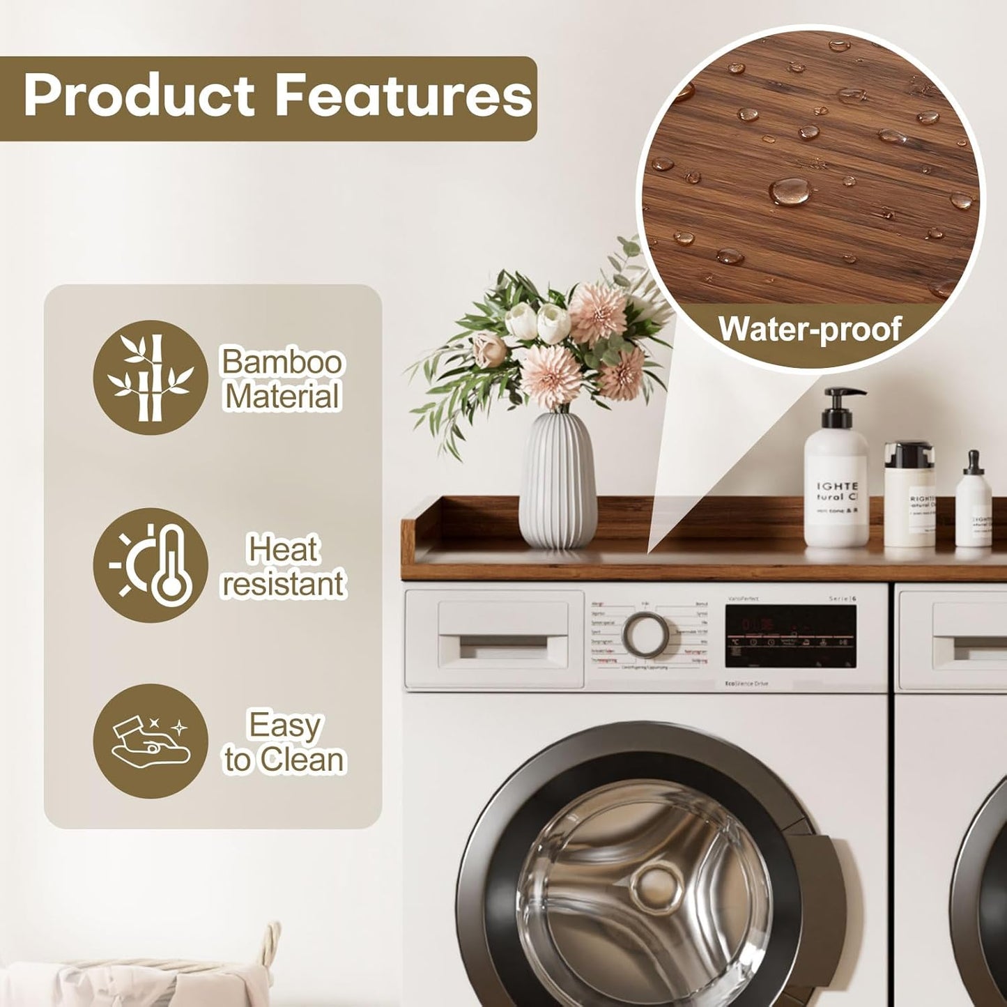 Cozivolife Washer Dryer Countertop, Laundry Topper with Edge Rails, 54" x 27.5" Bamboo Folding Station & Waterproof Surface, 220 lb Load Capacity for Laundry Room Organization(Walnut)