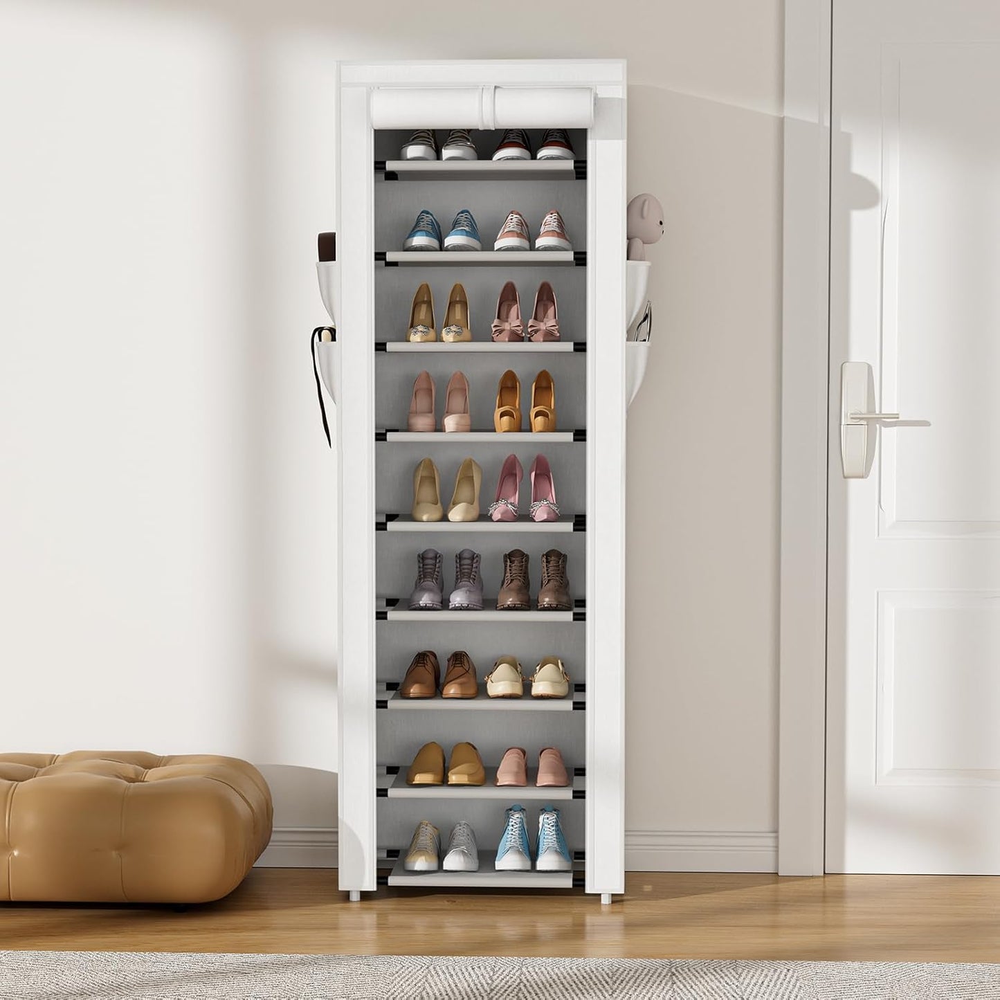 VILICK Shoe Rack with Cover Narrow Shoe Rack Organizer with 4 Side Pockets 10 Tier Tall Shoe Storage Shoe Shelf Holds 18-22 Pairs Shoes and Boots Shoe Rack for Closet, Printing