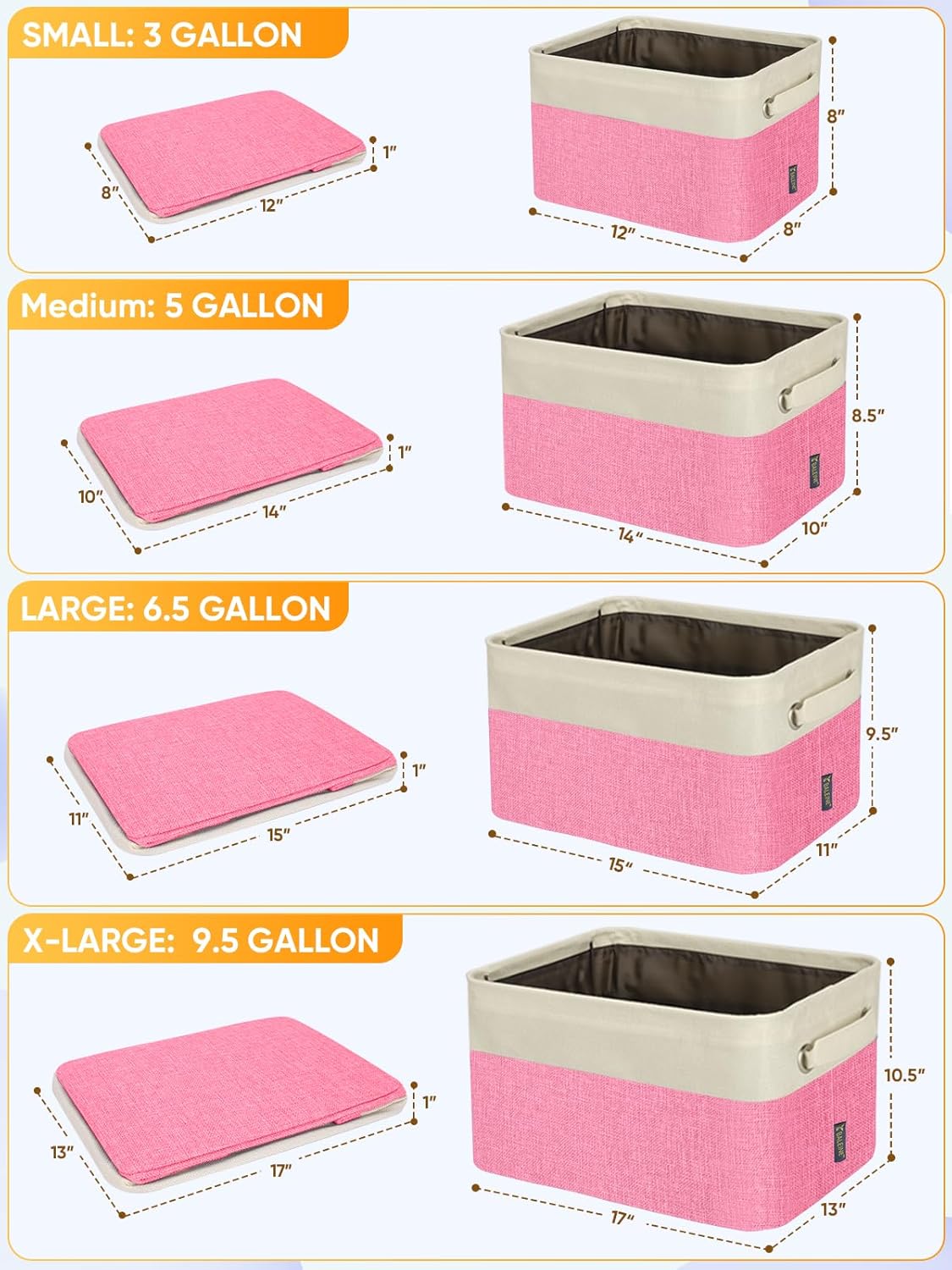 BALEINE 3 Pack Fabric Closet Storage Bins for Shelves, Linen Closet Organizers and Storage, Decorative Baskets for Organizing, Shelf, Clothes, Home, Office (Pink, 17''x13''x10.5'')